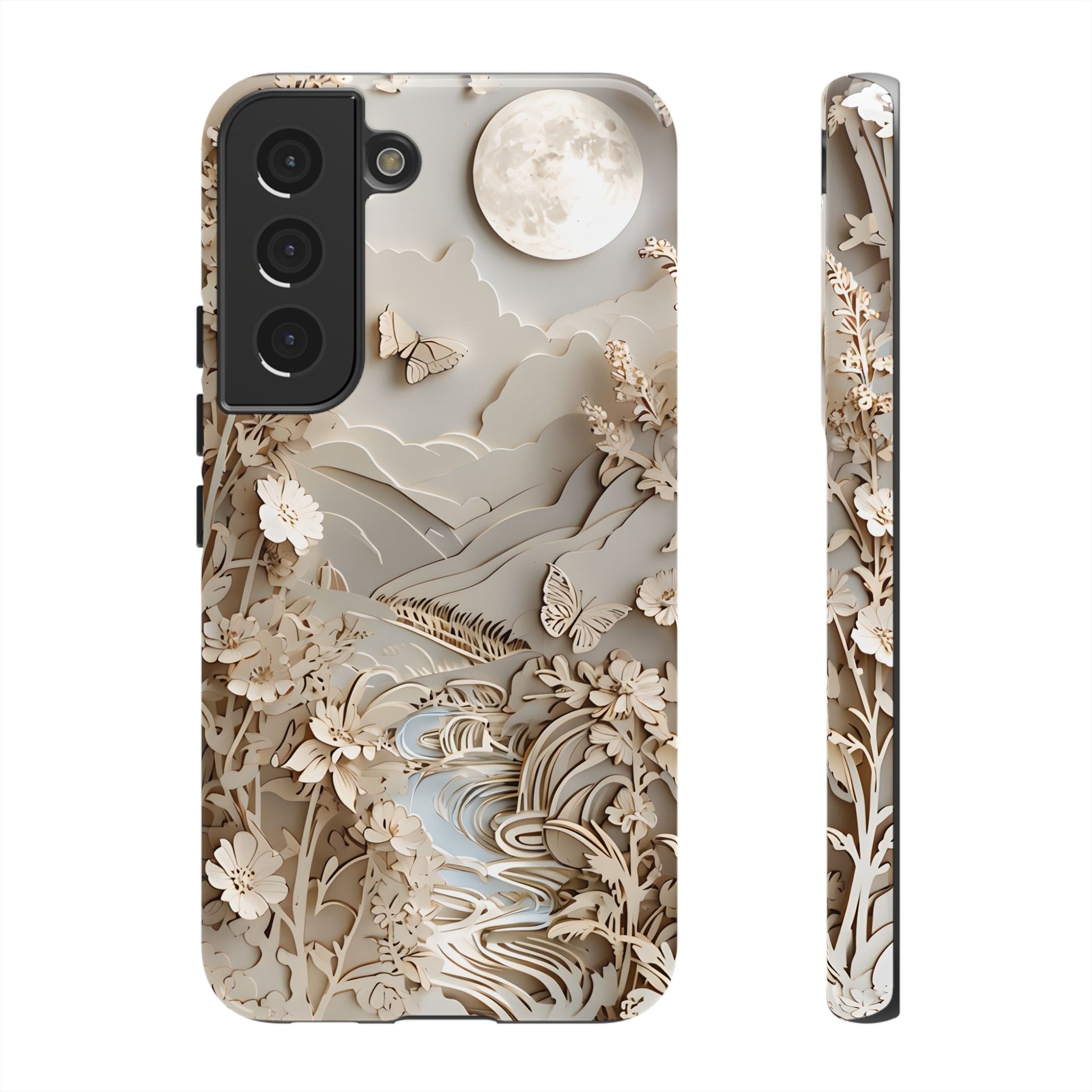 Moonlit Garden - Elegant Neutral Floral Samsung Galaxy S22 Tough Phone Case - Painterly Botanical & Moon Design