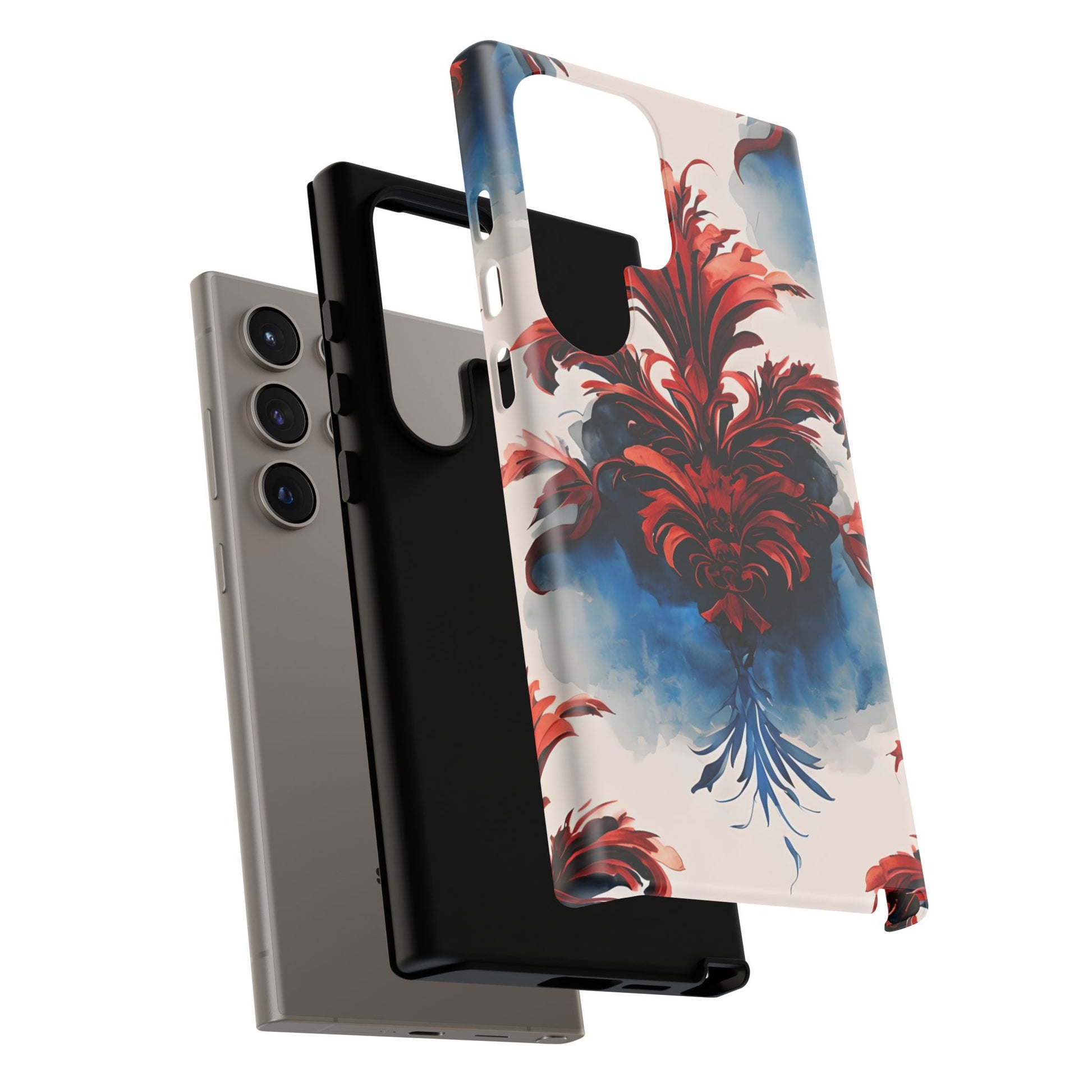 Crimson Plume - Bold Artistic Feather Samsung Galaxy S24 Ultra Tough Phone Case - Dramatic Red & Blue Design