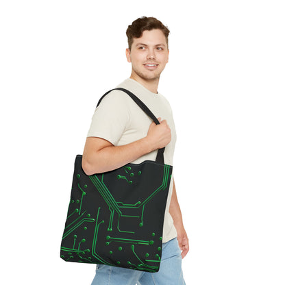 Green Circuit Grid Tote Bag (16x16 & 18x18)- Tech-Inspired Design on Black, Reusable & Eco-Friendly