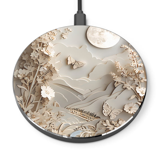 Moonlit Garden wireless charger featuring layered floral landscape design in soft neutral tones, compatible with iPhone and Qi-enabled devices