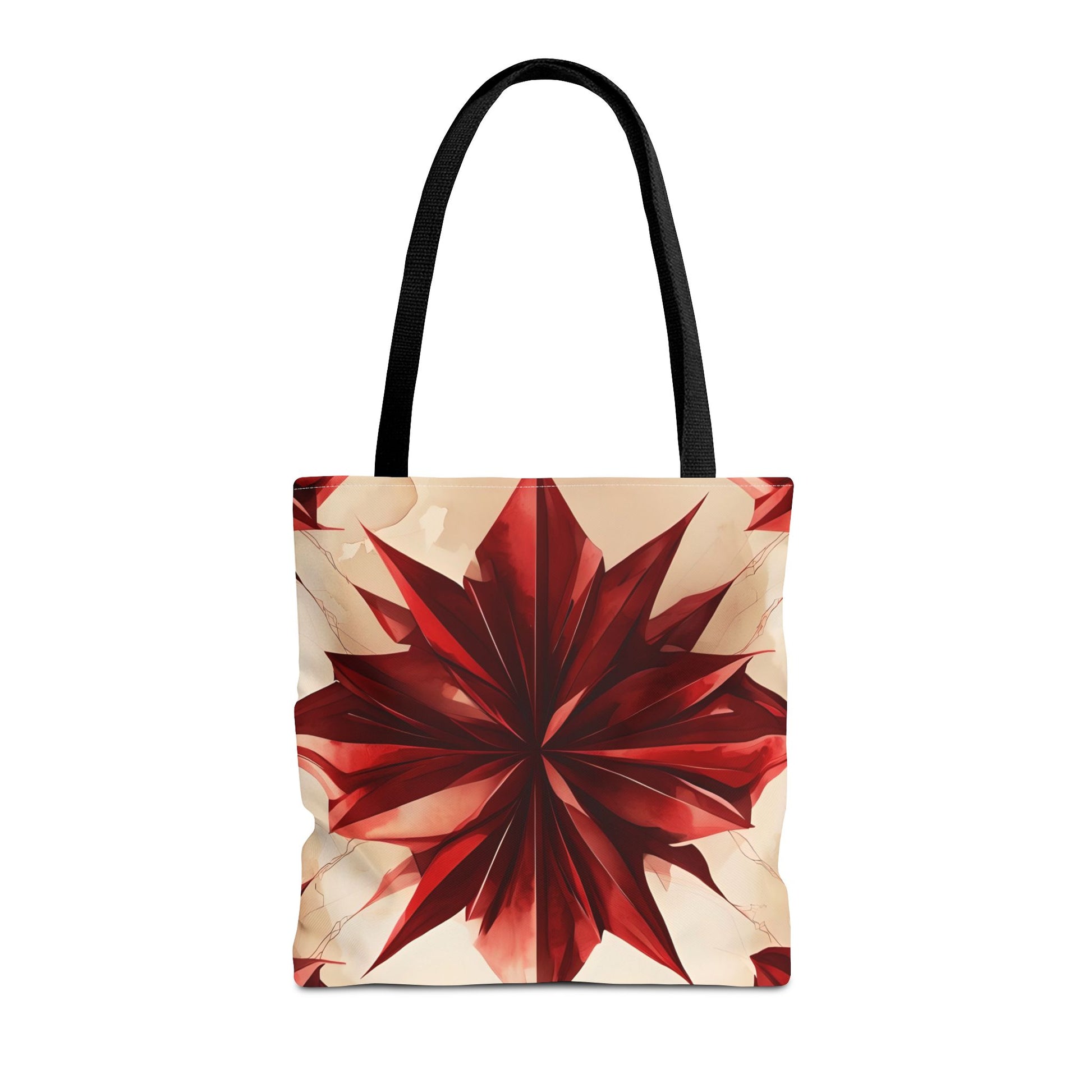Ruby Compass canvas tote bag featuring bold red geometric compass design with black handles