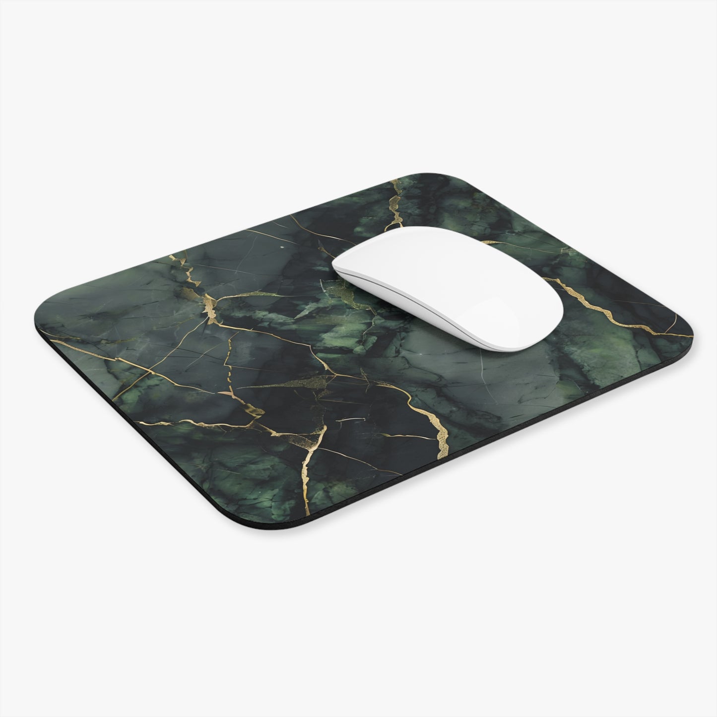 Verdant Vein mouse pad in workspace with mouse showing green marble-style artwork
