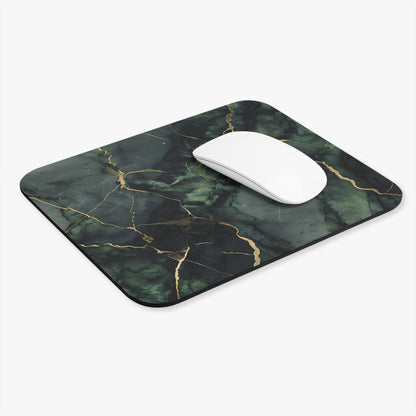 Verdant Vein mouse pad in workspace with mouse showing green marble-style artwork