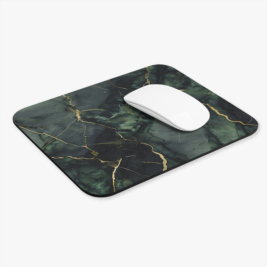 Verdant Vein mouse pad in workspace with mouse showing green marble-style artwork