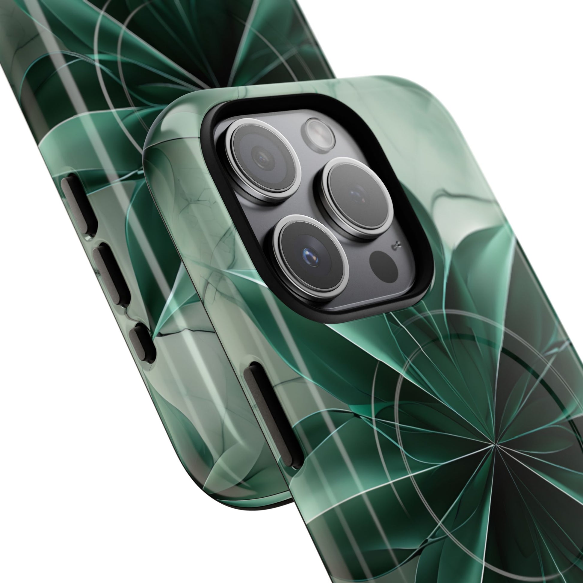 Emerald Bloom iPhone 15 Pro MagSafe Phone Case -Modern Symmetrical Floral Design, Green
