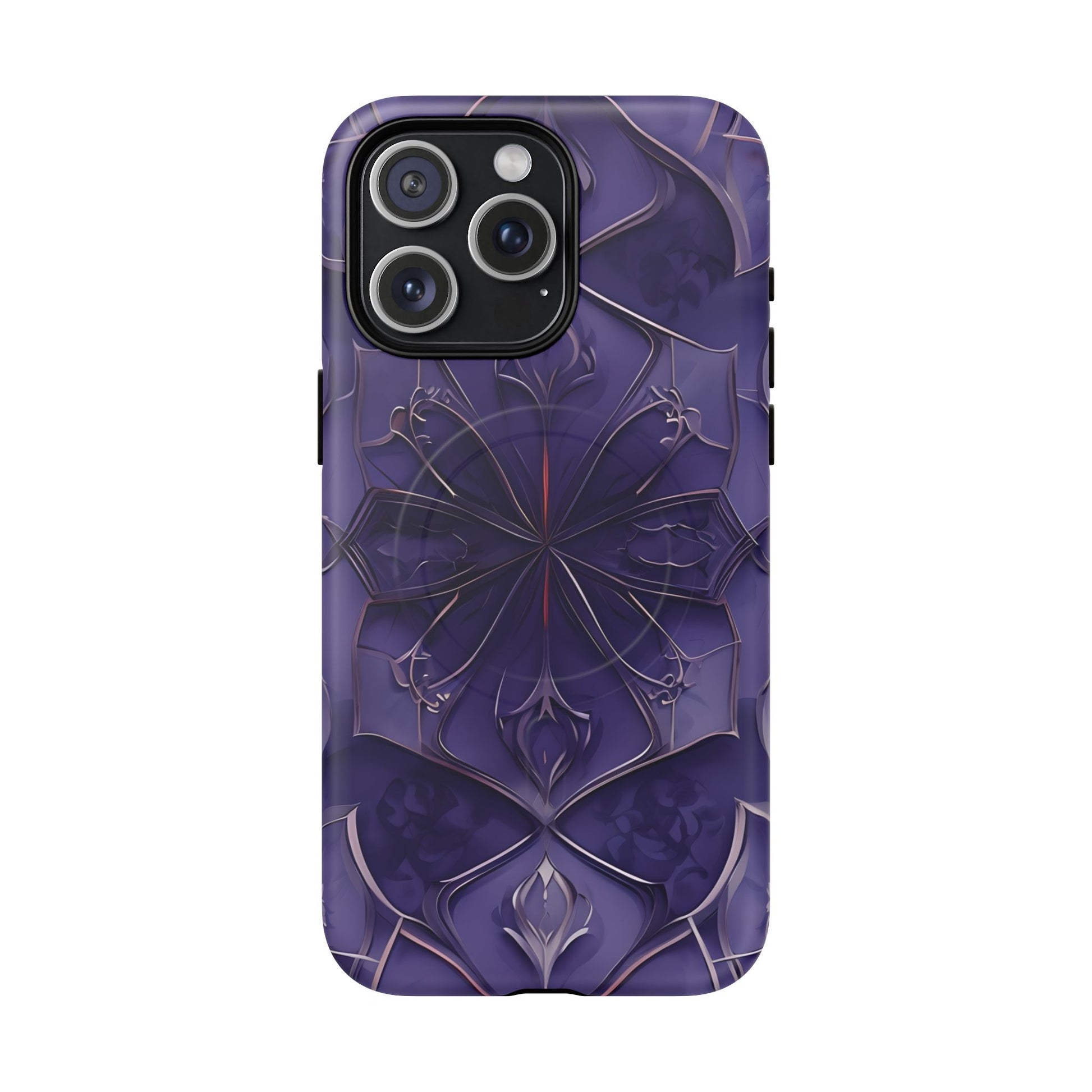 Violet Nebula - Kaleidoscope Collection Artistic Floral Burst - iPhone 15 Pro Max MagSafe Phone Case -Bold Purple Symmetrical Design
