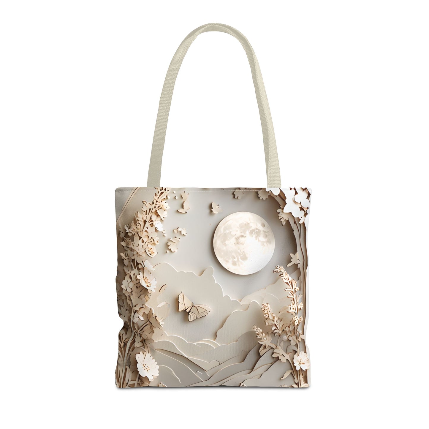 Moonlit Garden canvas tote bag featuring soft botanical garden and moon illustration with light handles