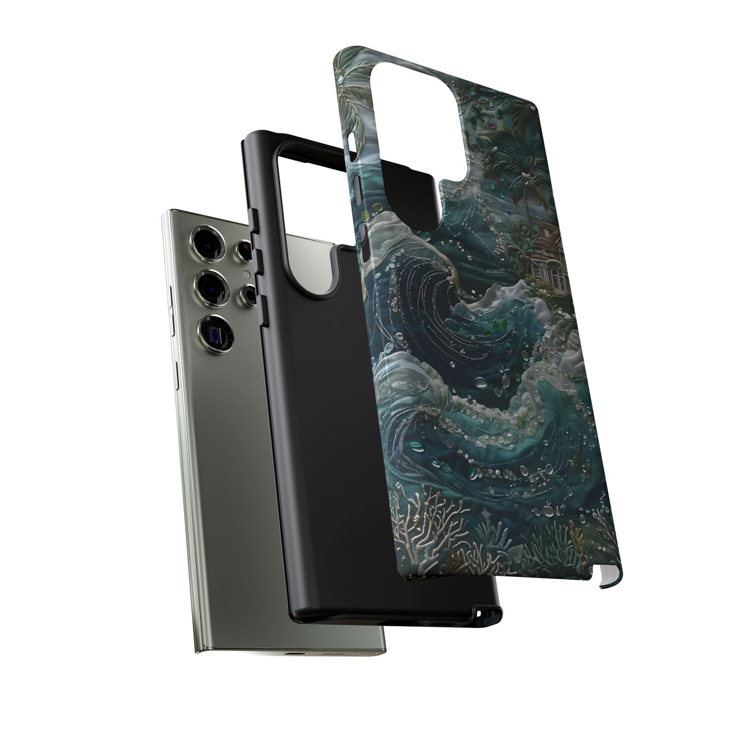 Tropical Midnight Wave Samsung Galaxy dual layer tough case with detailed crashing wave and underwater coral, side and back view