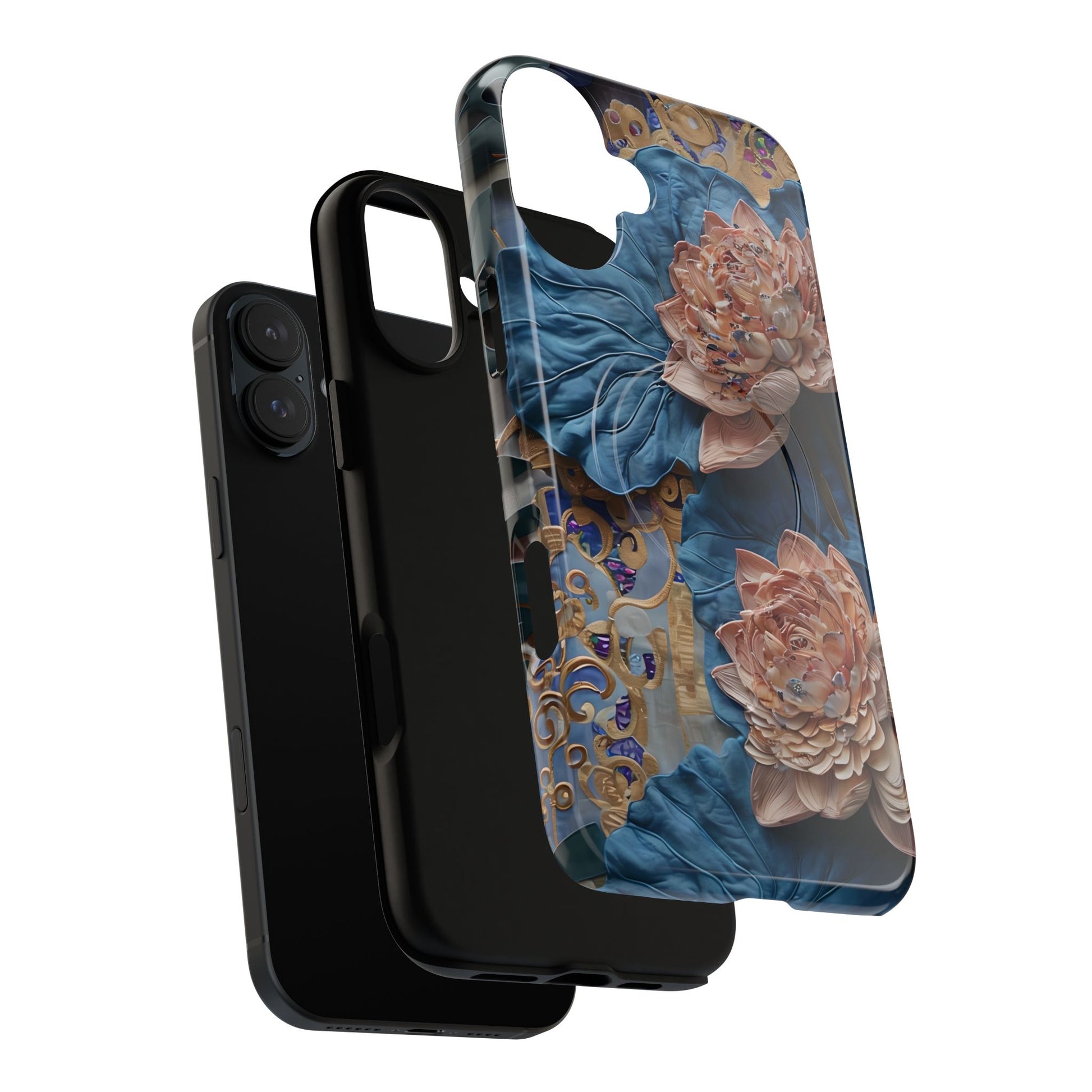 Peony Midnight Tapestry - iPhone 16 Plus - MagSafe Compatible - Elegant Blue & Blush Artful Phone Cover