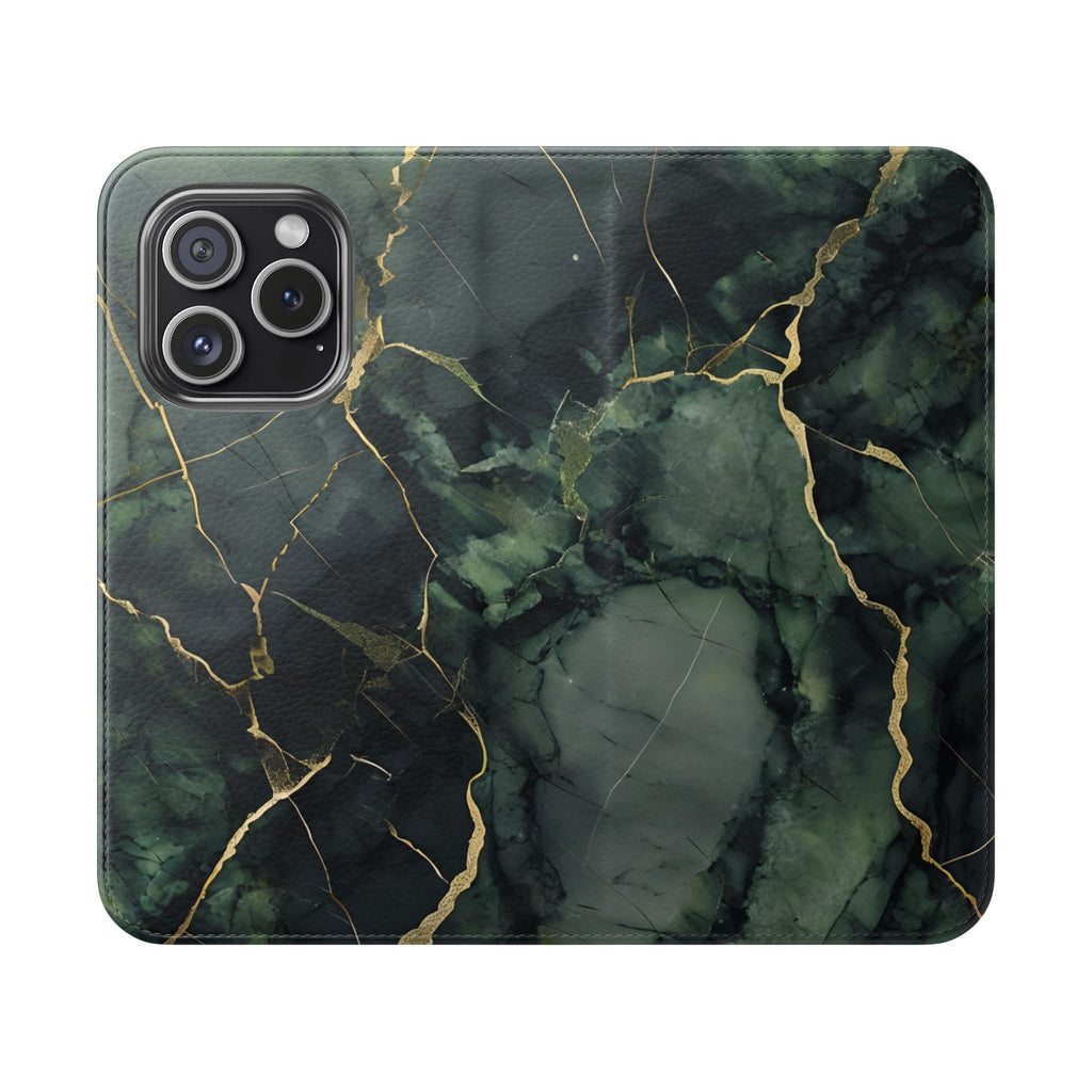 Verdant Vein - Green Marble Design Wallet Phone Case for iPhone 15 Pro