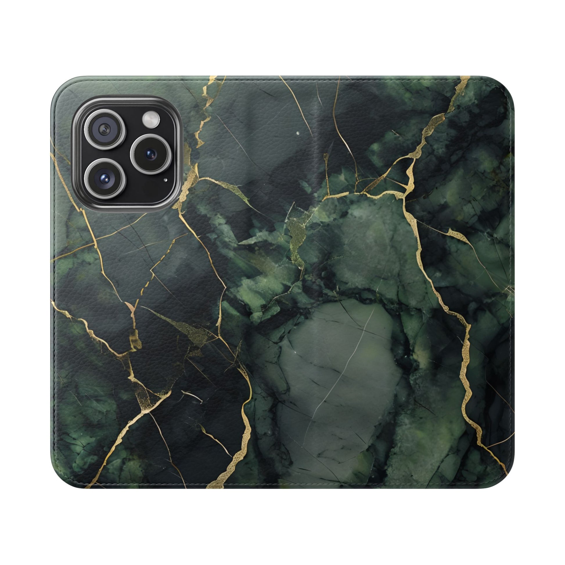 Verdant Vein - Green Marble Design Wallet Phone Case for iPhone 15 Pro