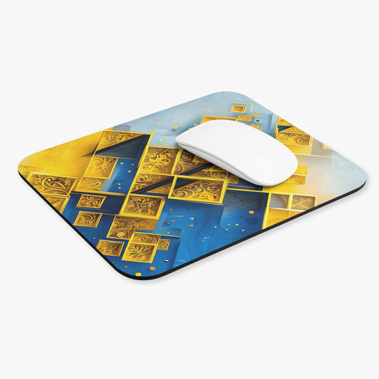 Golden Ascent mouse pad in workspace with mouse showing geometric gold design