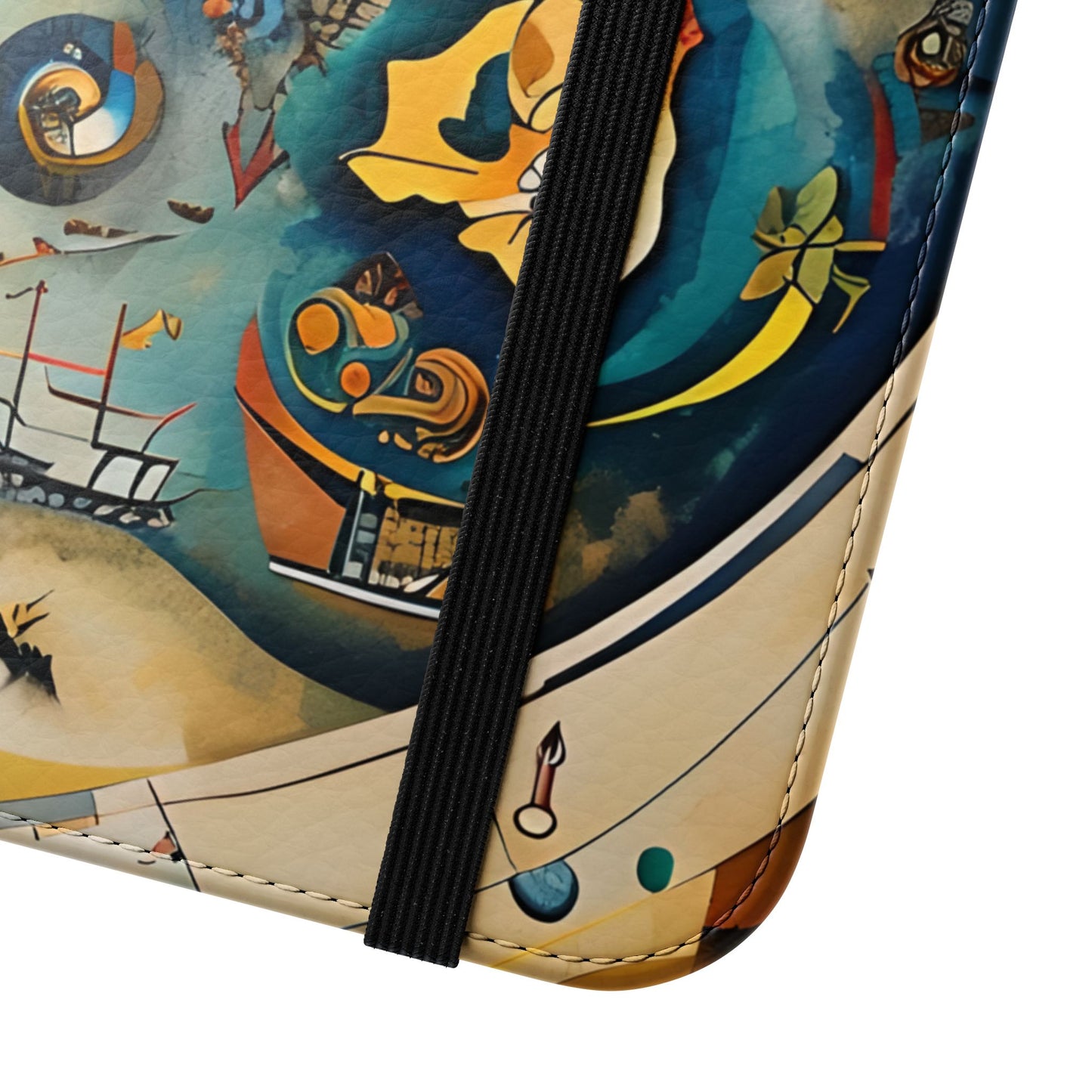 Close view of Celestial Map iPhone wallet flip phone case with elastic closure