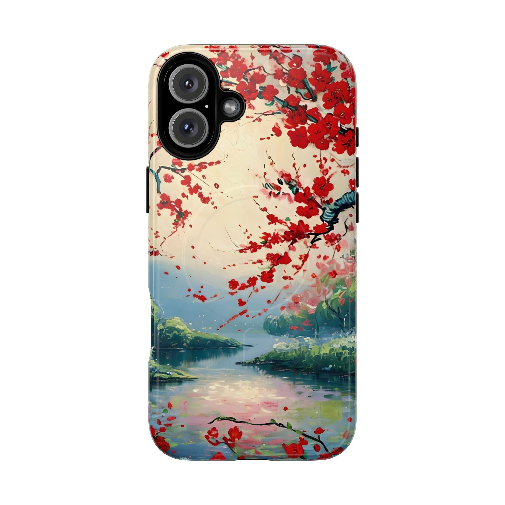 Crimson Blossom Lake - Artistic Floral Landscape iPhone 16 Plus MagSafe Phone Case - Red Cherry Blossoms & Serene Lake Design
