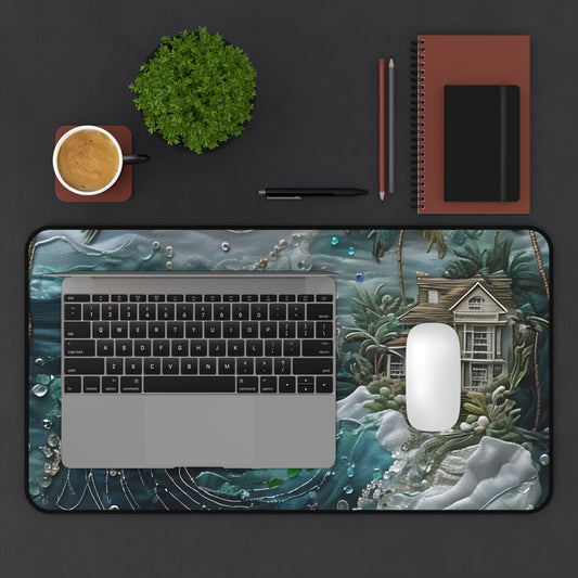 Tropical Midnight Wave desk mat in workspace with keyboard showing bold ocean wave design