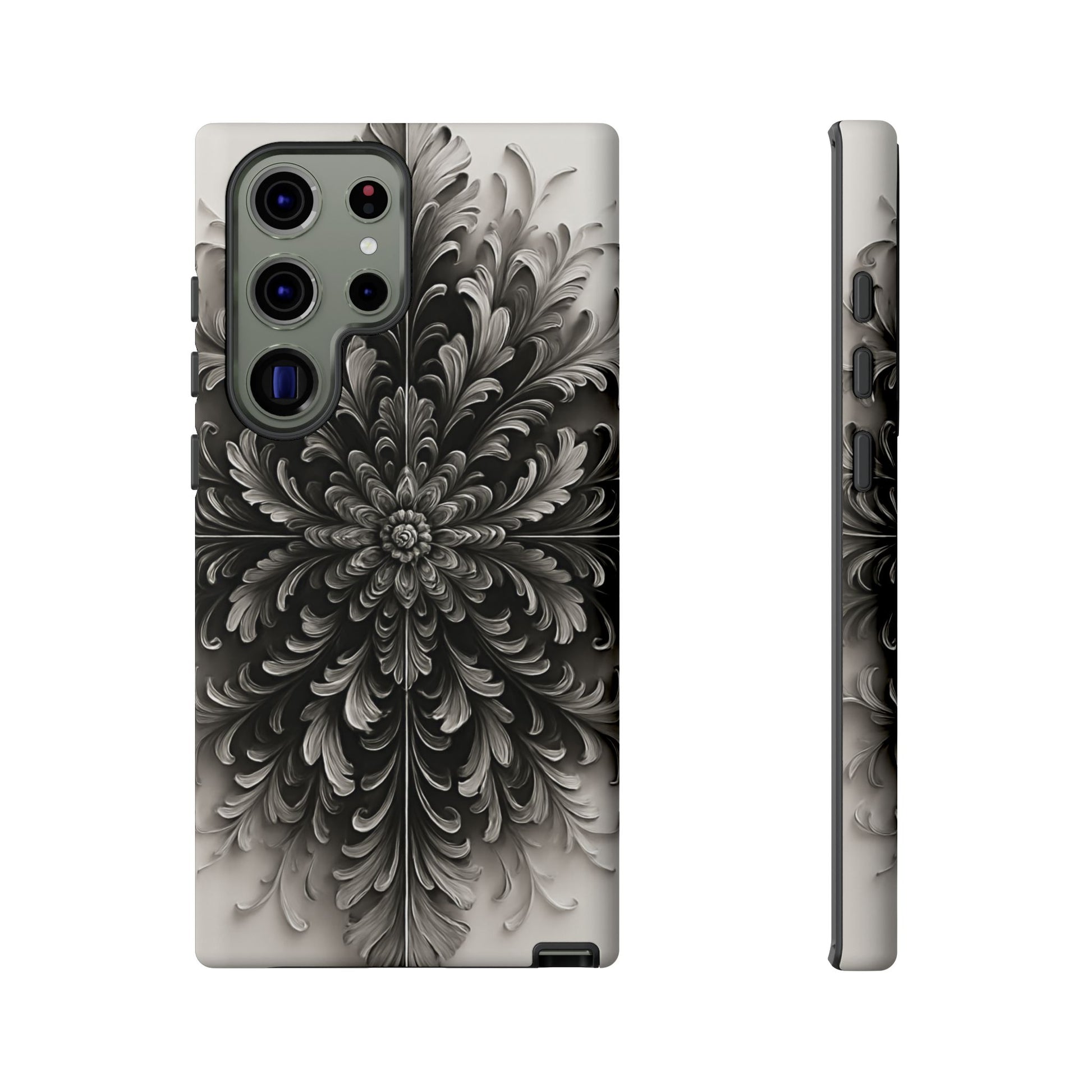 Obsidian Bloom - Elegant Black & White Samsung Galaxy S23 Ultra Tough Phone Case - Intricate Mandala Flower Design