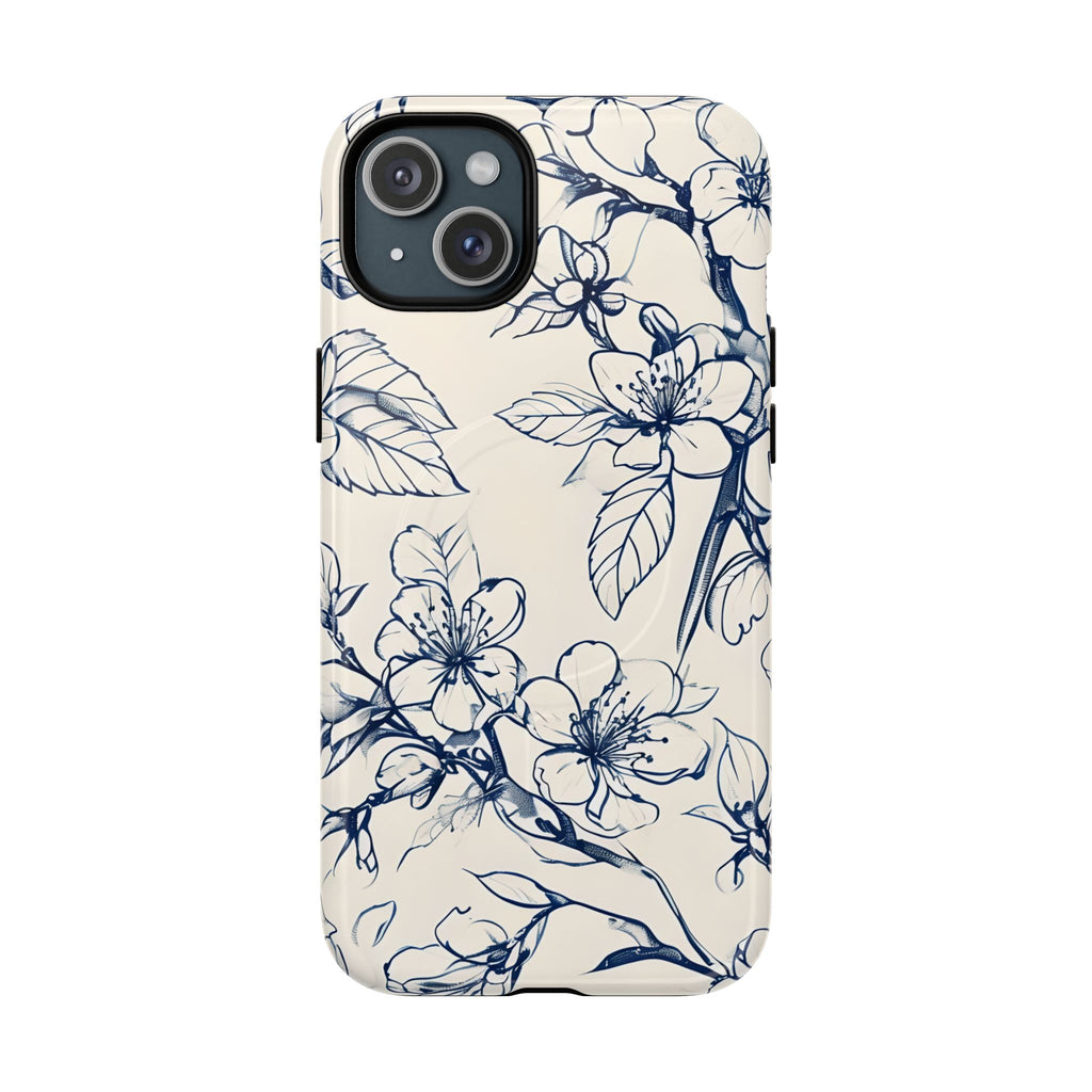 Blossom Sketch - Artistic Blue Floral - iPhone 15 Plus MagSafe Phone Case - Hand-Drawn Botanical Design