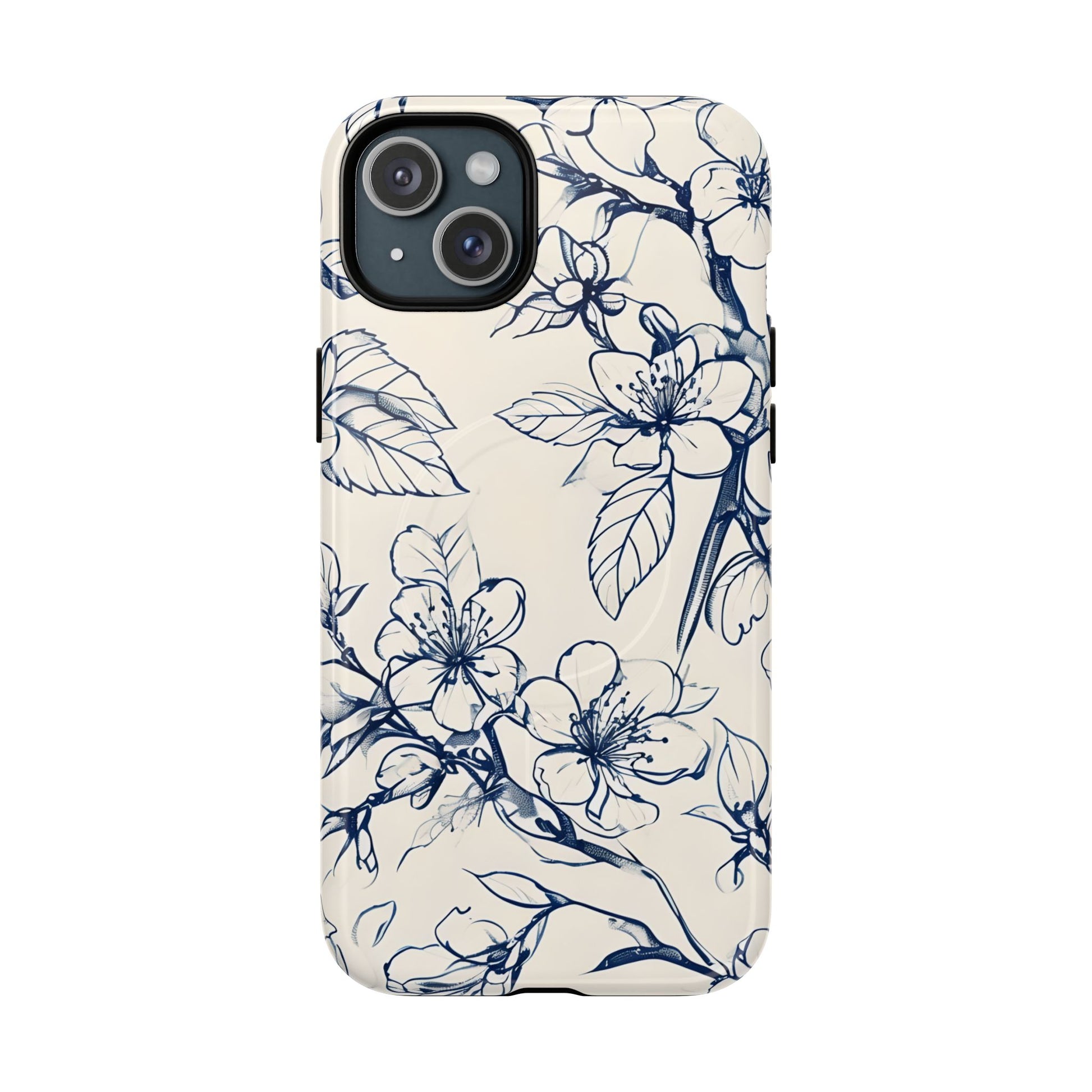 Blossom Sketch - Artistic Blue Floral - iPhone 15 Plus MagSafe Phone Case - Hand-Drawn Botanical Design