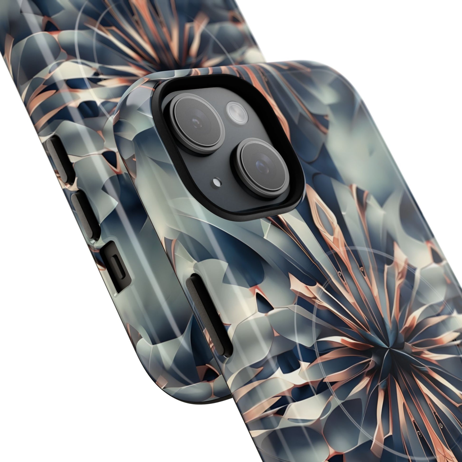 Obsidian Kaleidoscope Artistic Floral Burst - iPhone 15 MagSafe Phone Case -Blue, Peach and Silver Symmetrical Design