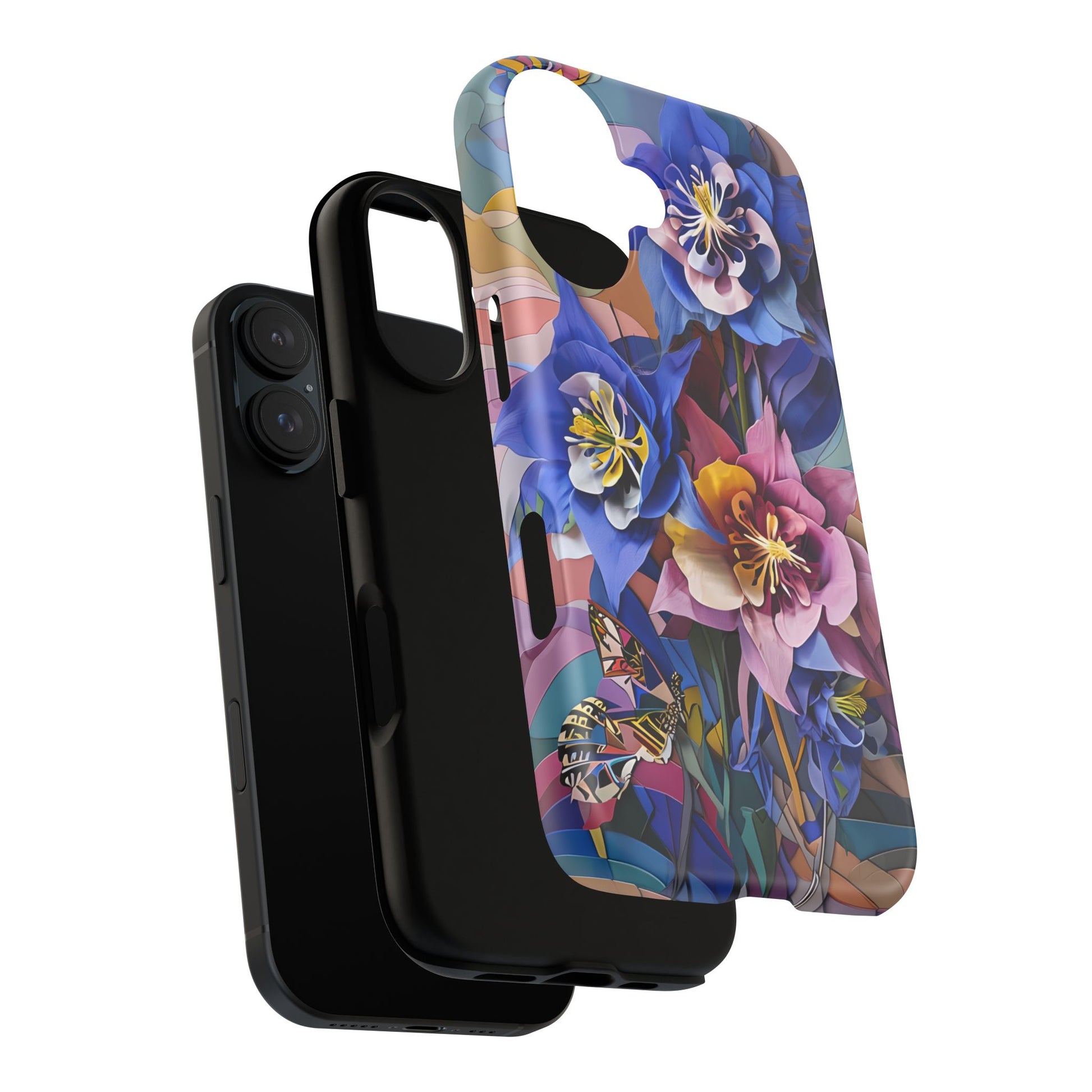 Blue Columbine Carnivale - Artistic Floral & Butterfly iPhone 16 MagSafe Phone Case - Vibrant Botanical Design
