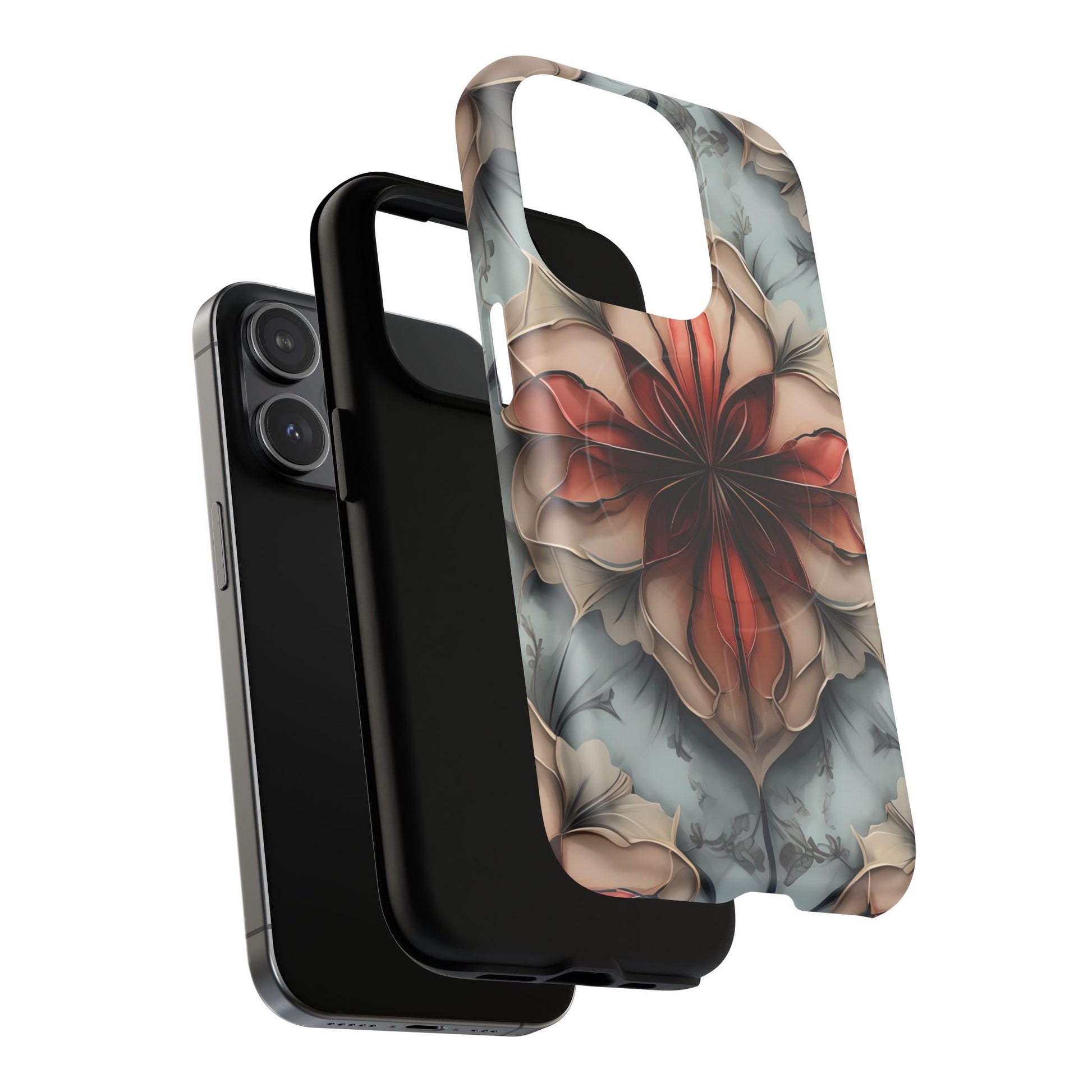 Ember Bloom - Kaleidoscope Collection Artistic Floral iPhone 15 Pro MagSafe Phone Case - Fiery Symmetrical Design
