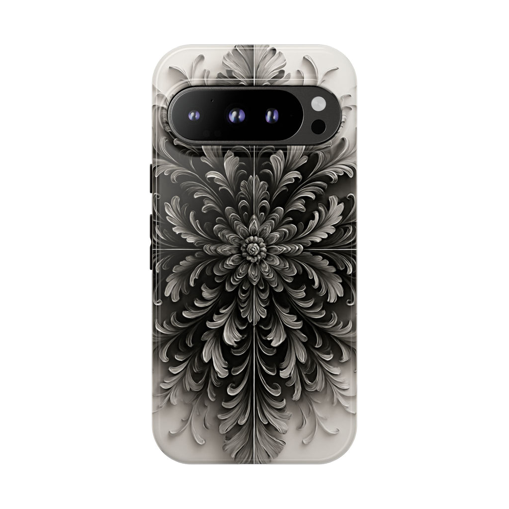 Obsidian Bloom - Elegant Black & White Google Pixel 9 Pro Tough Phone Case - Intricate Mandala Flower Design