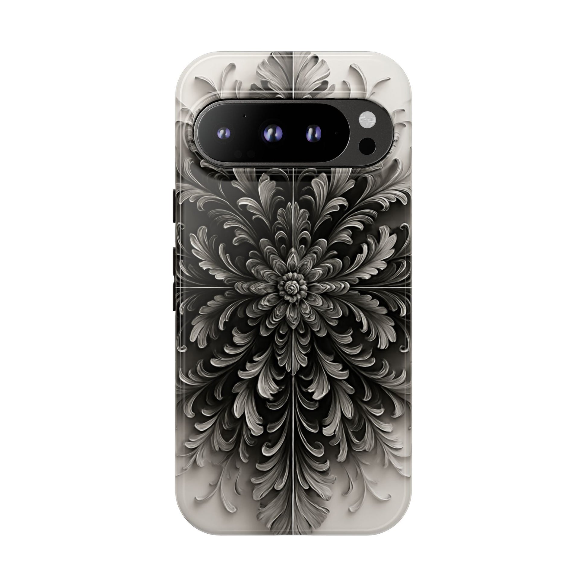 Obsidian Bloom - Elegant Black & White Google Pixel 9 Pro Tough Phone Case - Intricate Mandala Flower Design