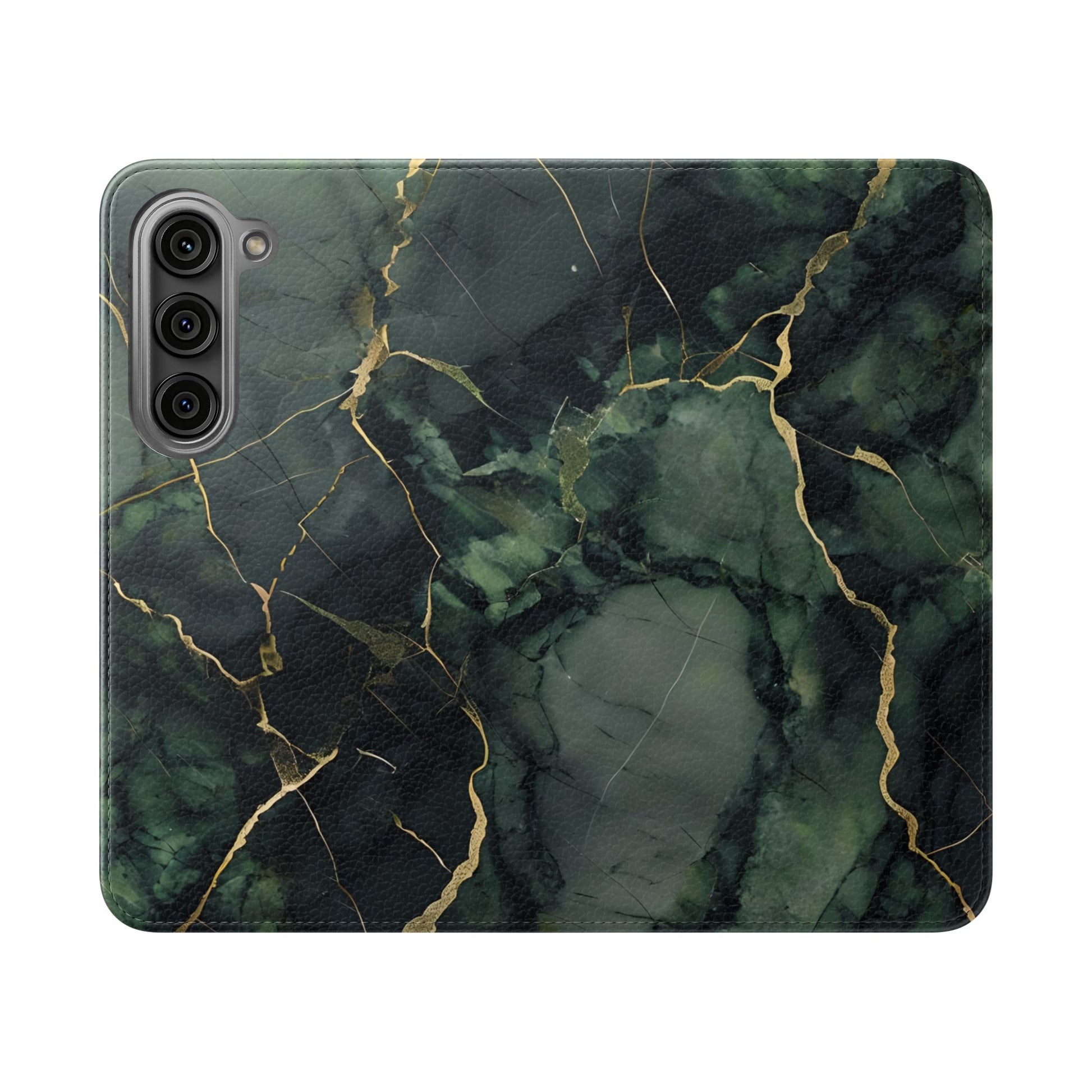 Verdant Vein - Flip Phone Case for Samsung Galaxy S23 - Green and Gold Marble Design