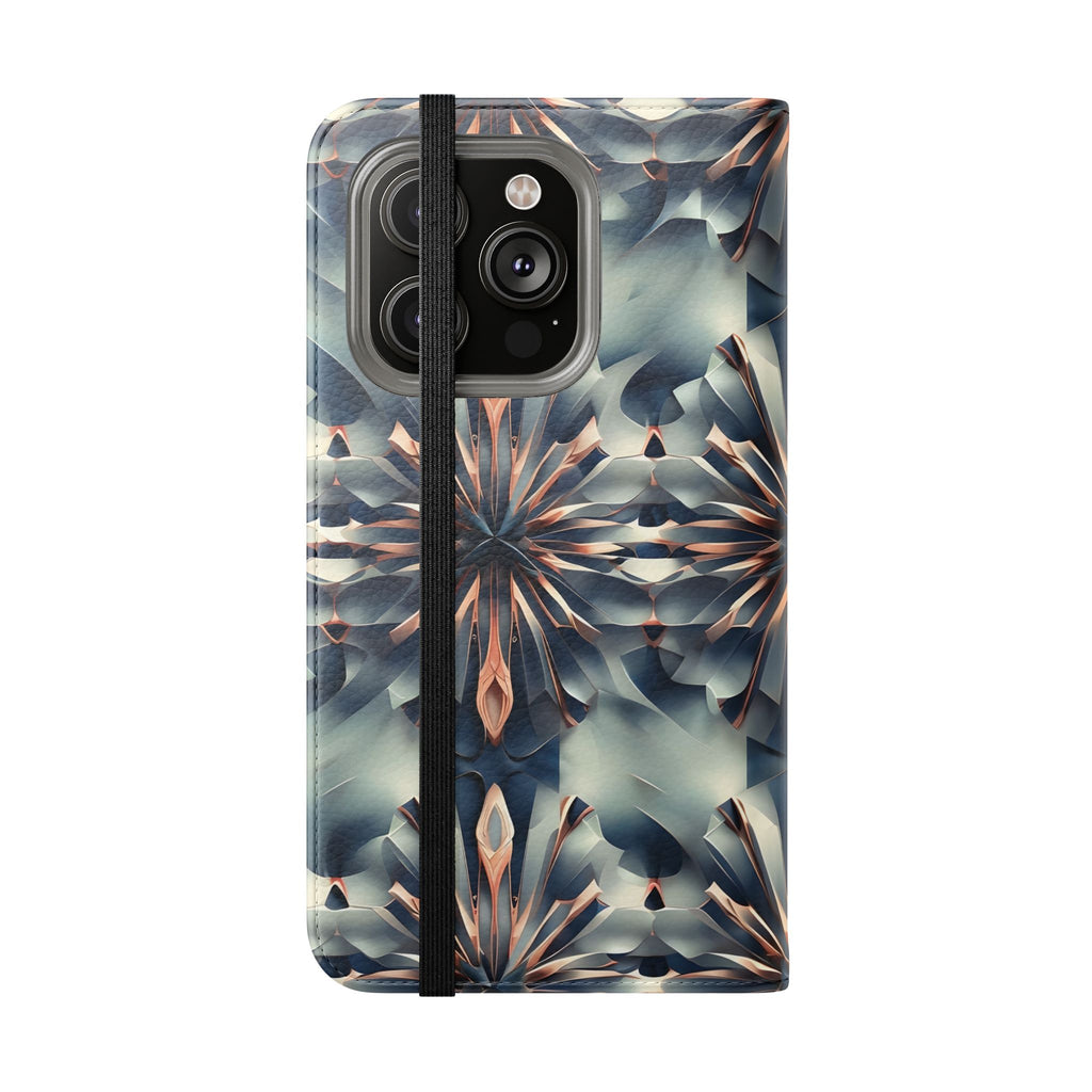 Obsidian Kaleidoscope iPhone 14 Pro Wallet Case - Elegant Abstract Flip Cover with Card Slots