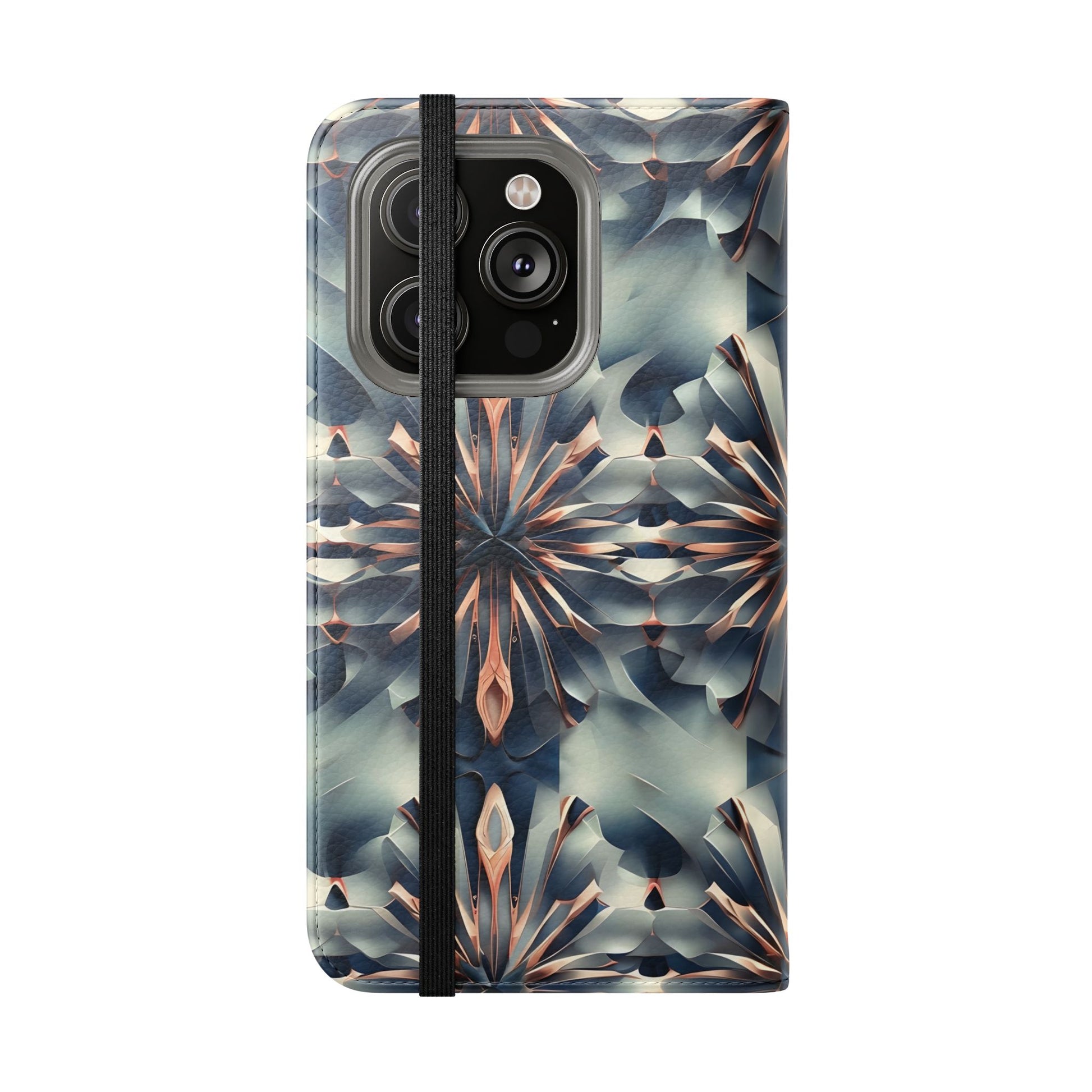 Obsidian Kaleidoscope iPhone 14 Pro Wallet Case - Elegant Abstract Flip Cover with Card Slots