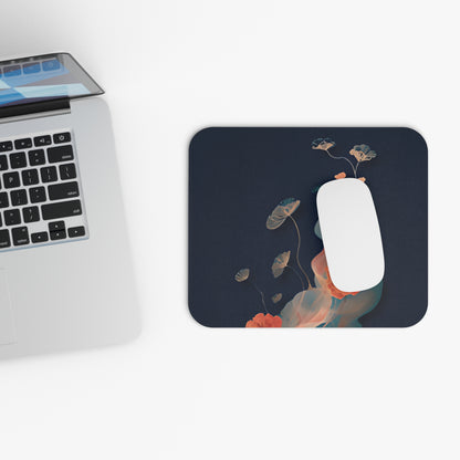 Lotus Reverie mouse pad beside laptop displaying lotus flower artwork