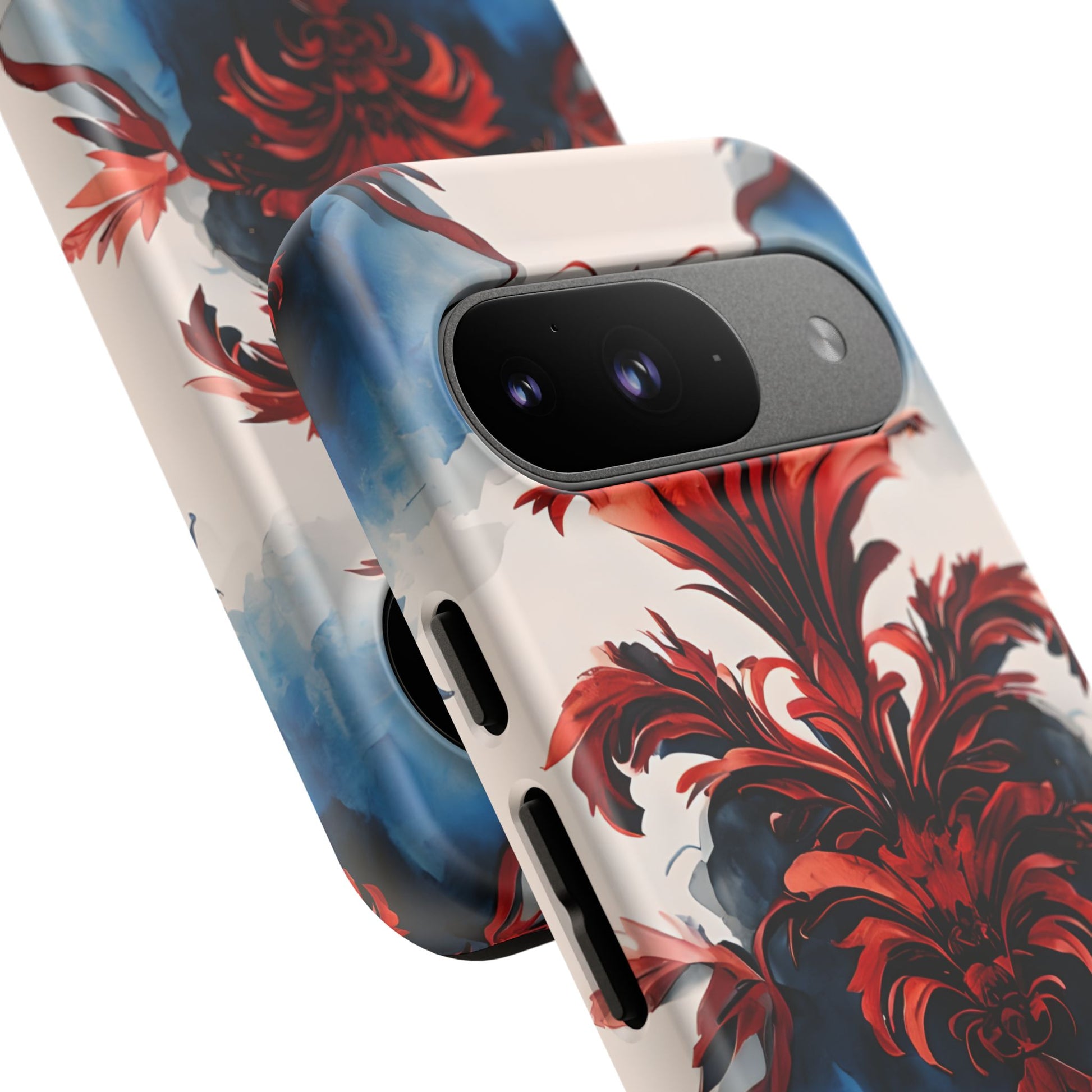 Crimson Plume - Bold Artistic Feather Google Pixel 9 Tough Phone Case - Dramatic Red & Blue Design
