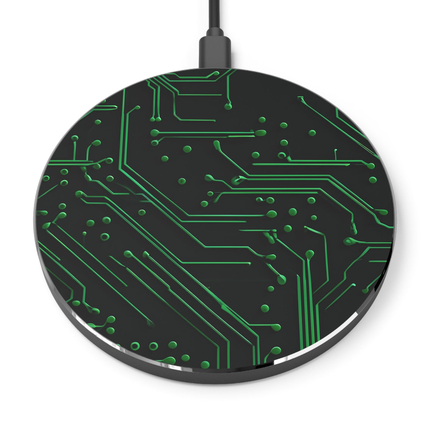 Green Circuit Grid tech pattern decorative Qi wireless charger with neon green circuit board design