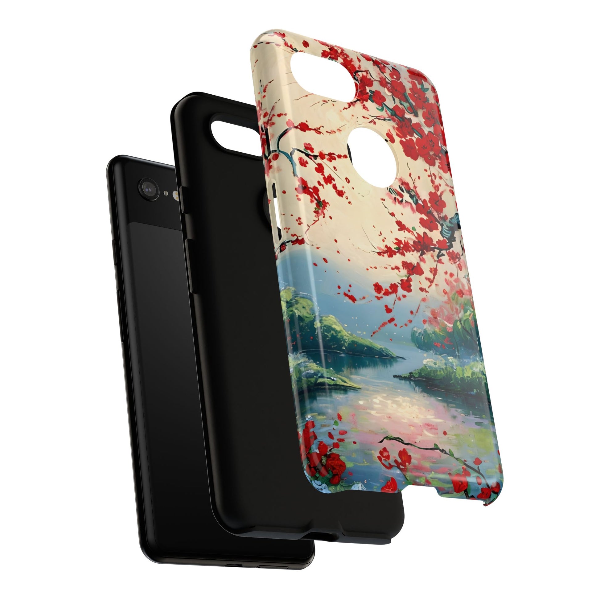 Crimson Blossom Lake - Artistic Floral Landscape Google Pixel 3XL Tough Phone Case - Red Cherry Blossoms & Serene Lake Design
