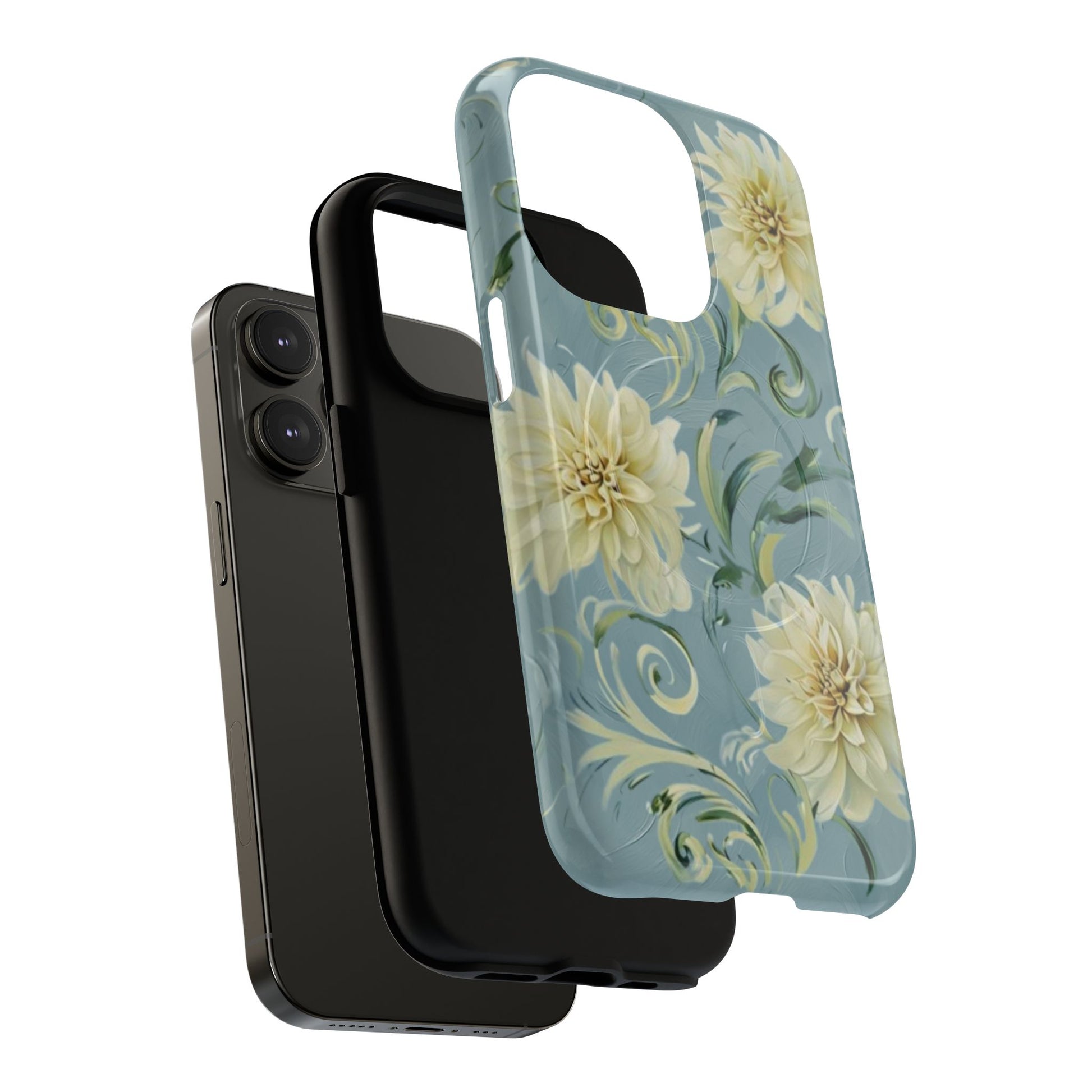 Golden Dahlia Trio - Elegant Floral iPhone 14 Pro MagSafe Phone Case - Artistic White & Blue Dahlia Design
