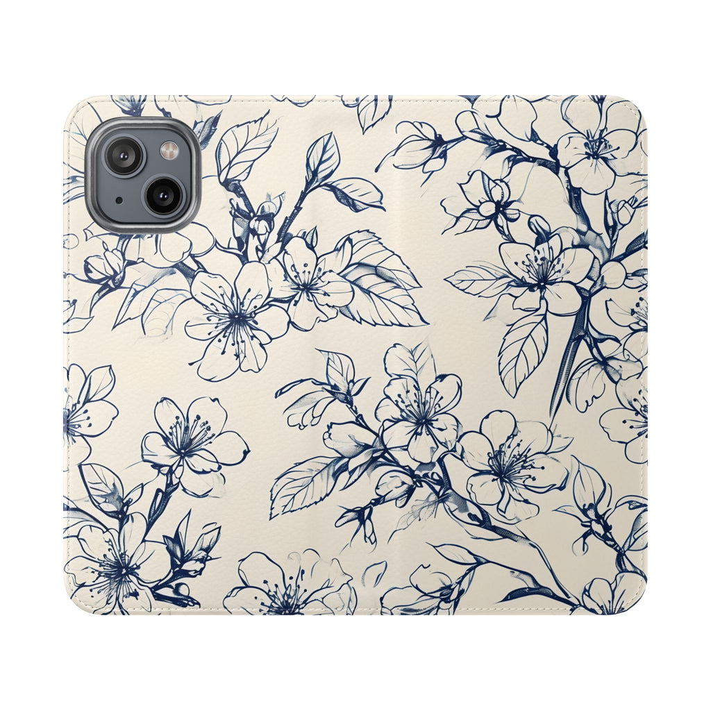 Blossom Sketch - Minimalist Floral Flip Phone Case for iPhone 14