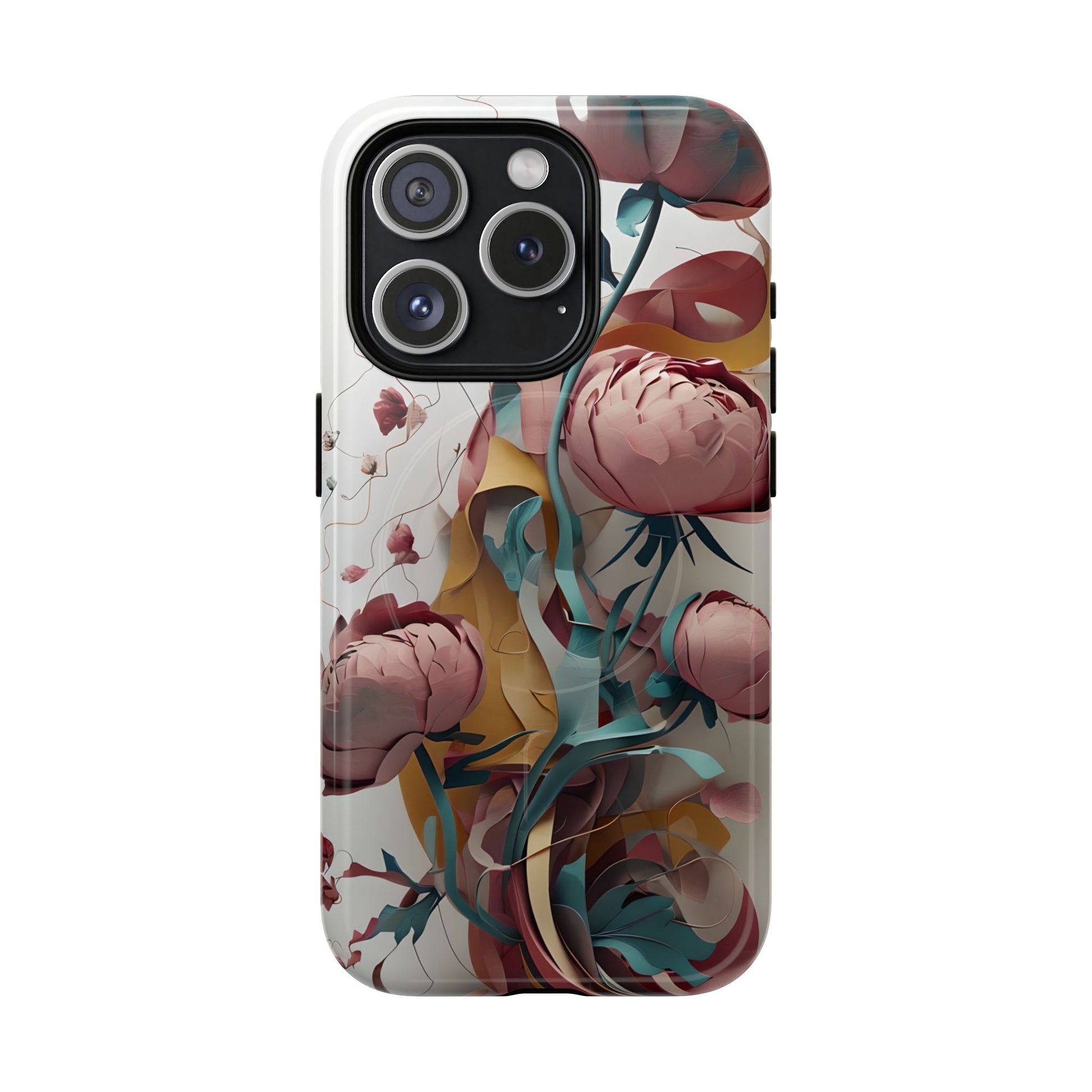 Blushing Peony Veil - Elegant Painterly Floral iPhone 15 Pro MagSafe Phone Case - Soft Blush & Teal Peony Design