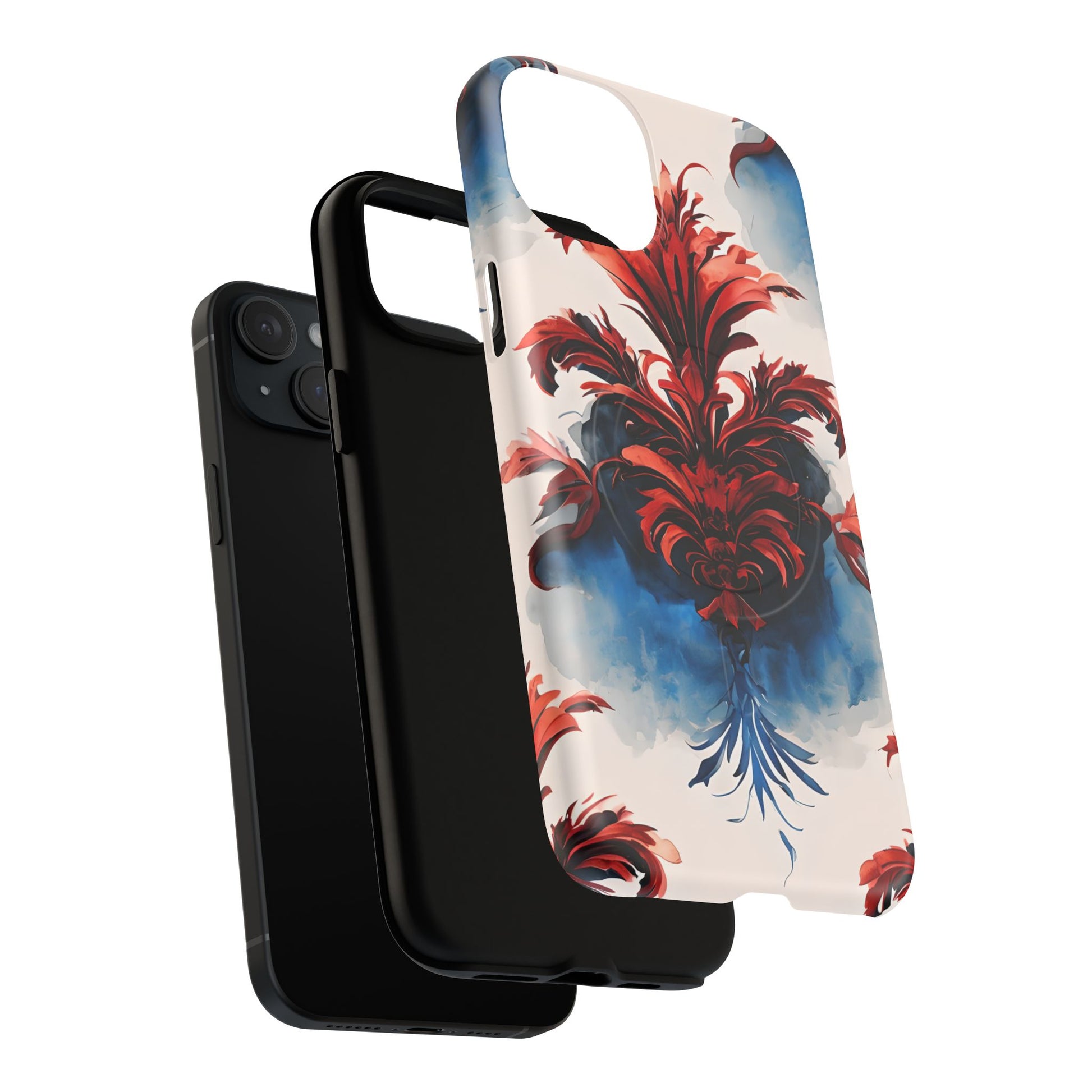 Crimson Plume - Bold Artistic Feather iPhone 15 Plus MagSafe Phone Case - Dramatic Red & Blue Design
