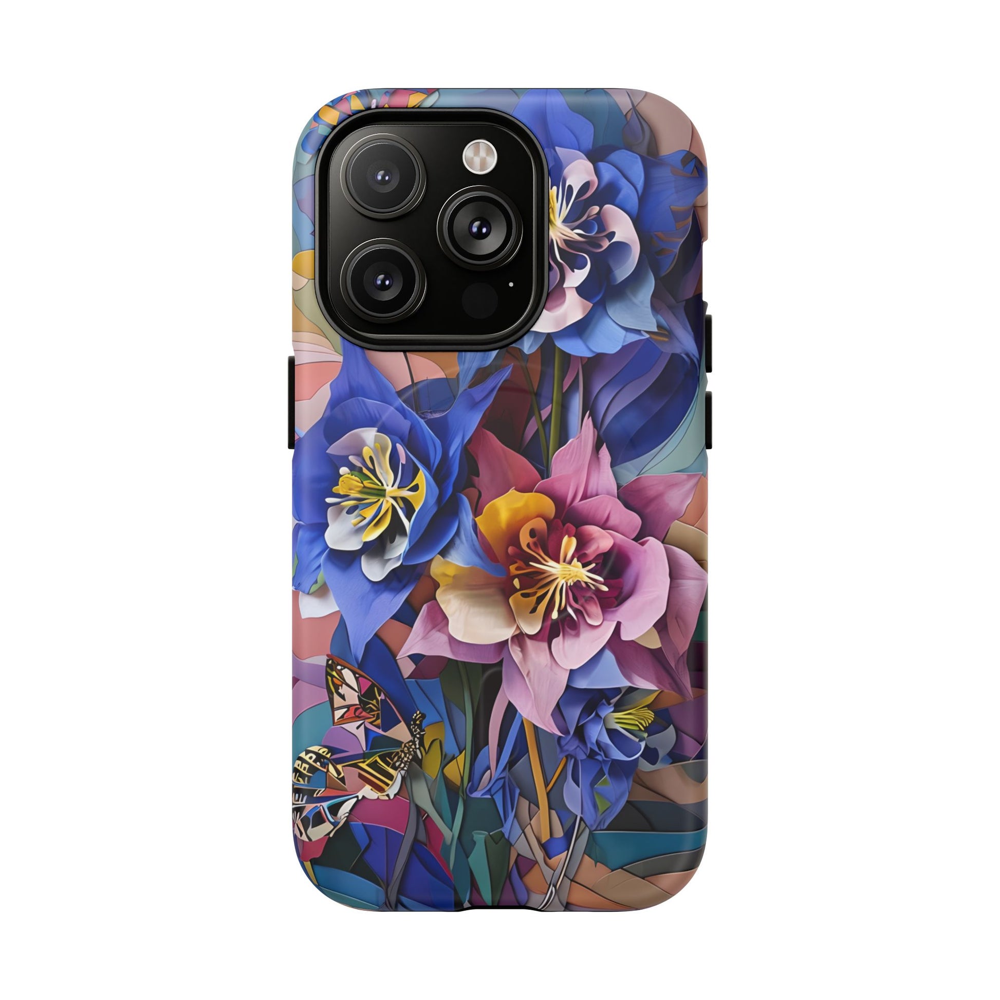 Blue Columbine Carnivale - Artistic Floral & Butterfly iPhone 14 Pro MagSafe Phone Case - Vibrant Botanical Design