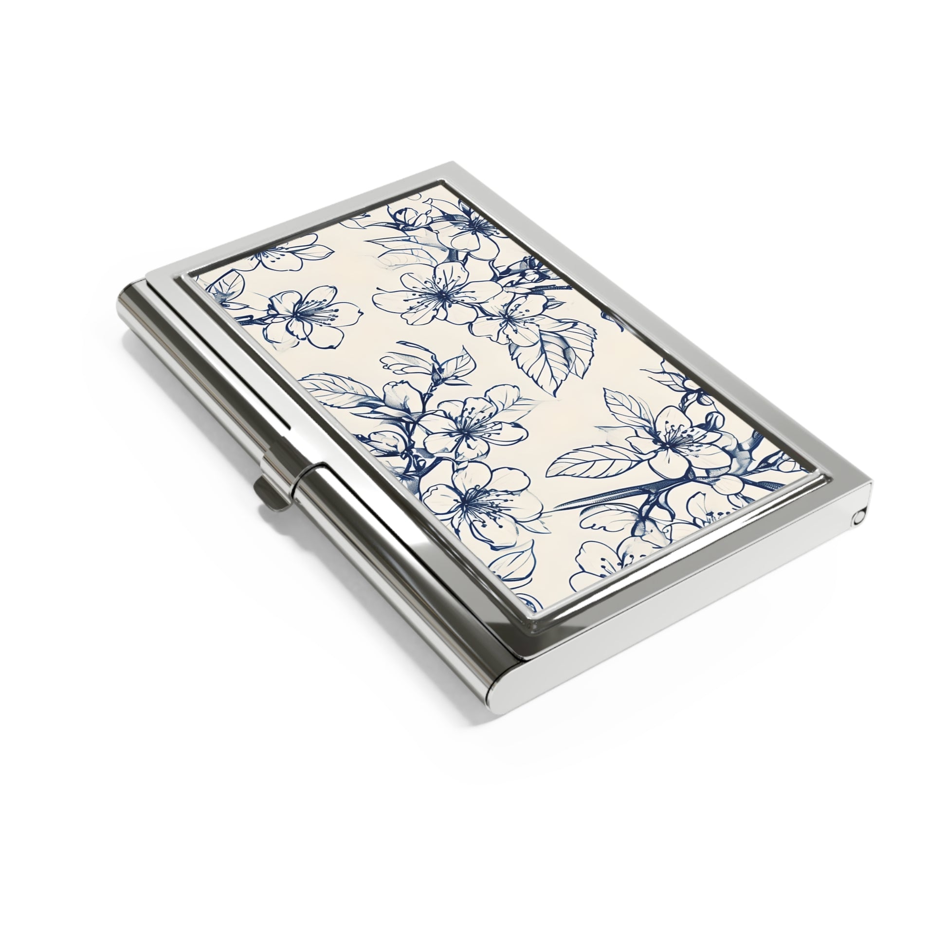 Blossom Sketch blue botanical sketch design business card holder closed angled view