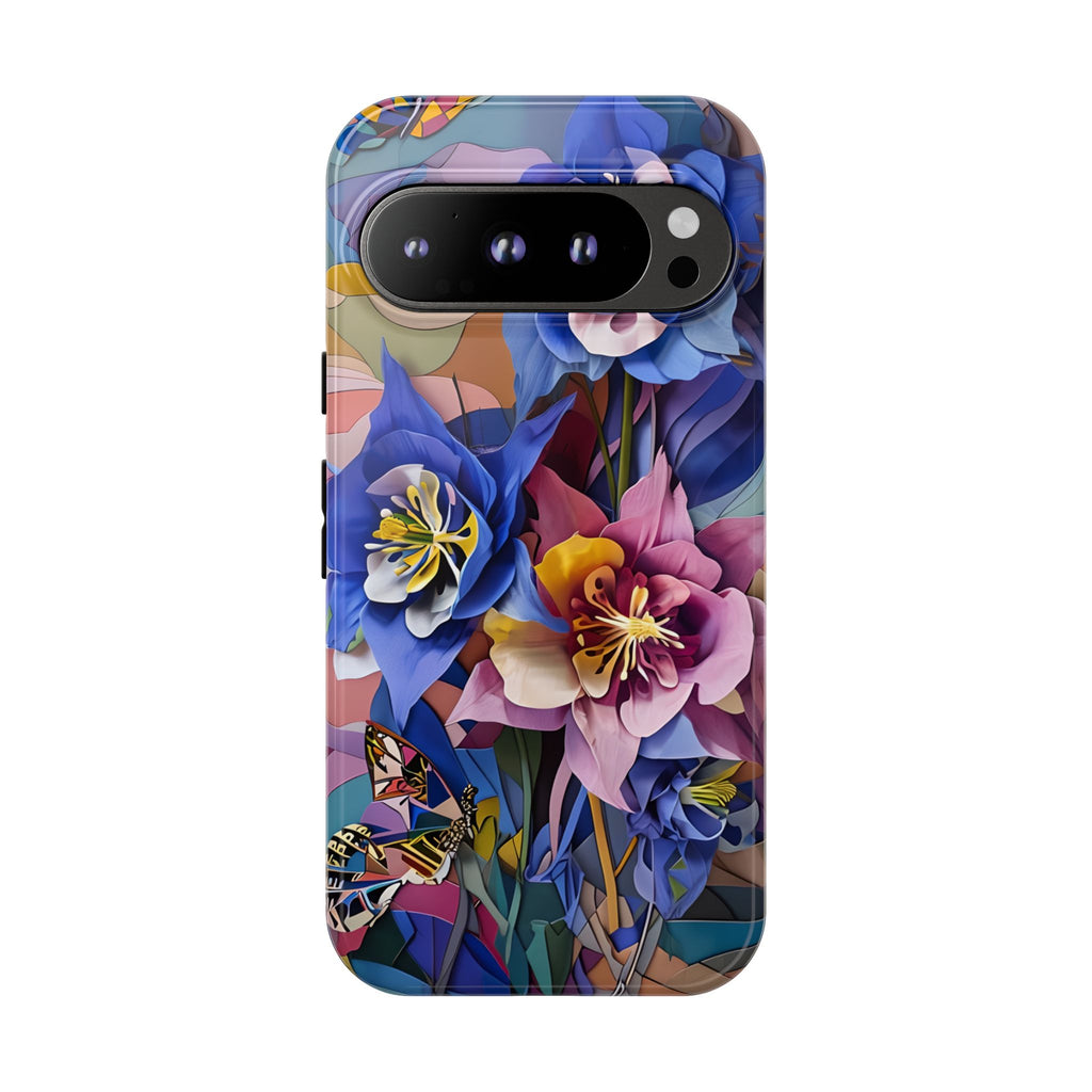 Blue Columbine Carnivale - Artistic Floral & Butterfly Google Pixel 9 Pro Tough Phone Case - Vibrant Botanical Design