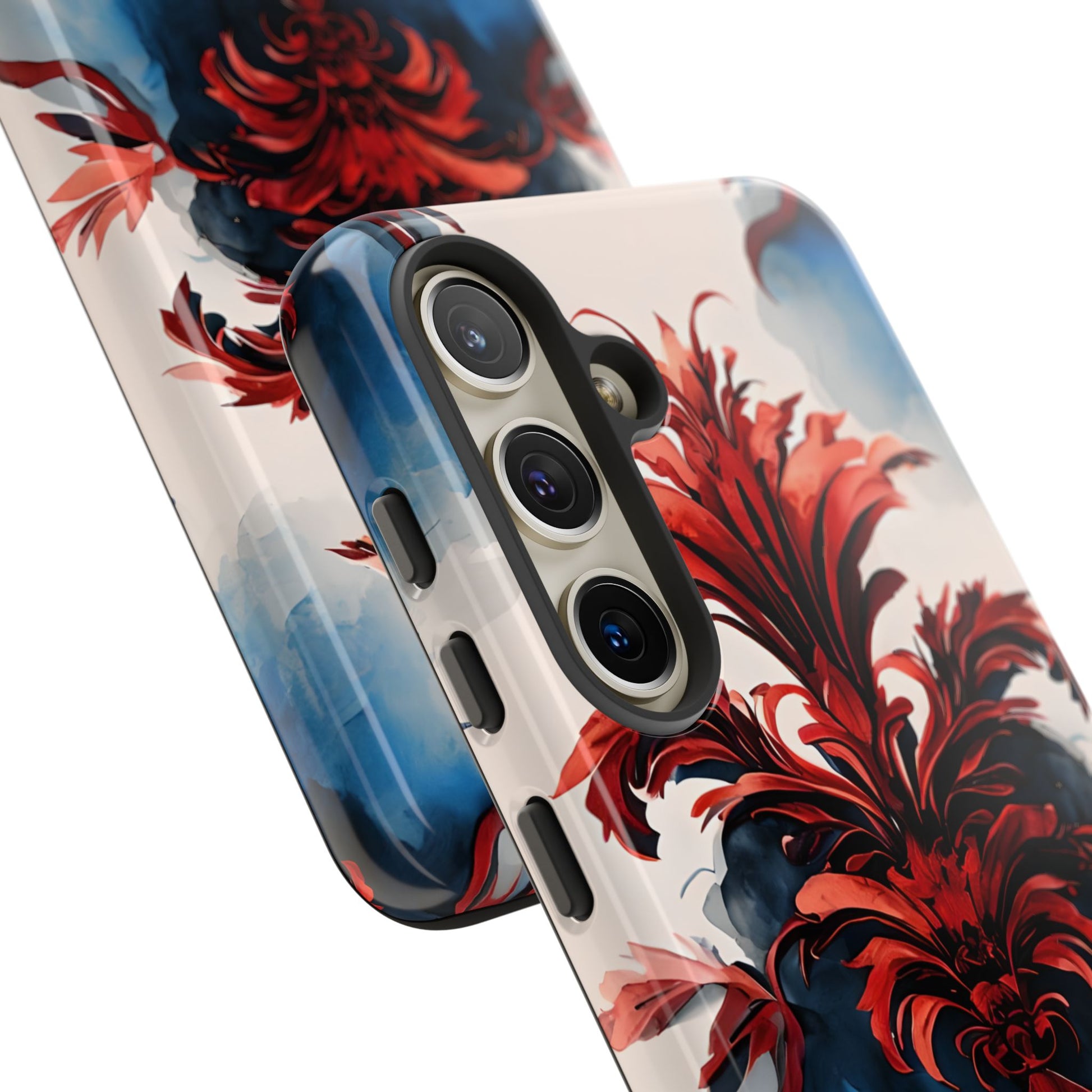 Crimson Plume - Bold Artistic Feather Samsung Galaxy S24 Tough Phone Case - Dramatic Red & Blue Design