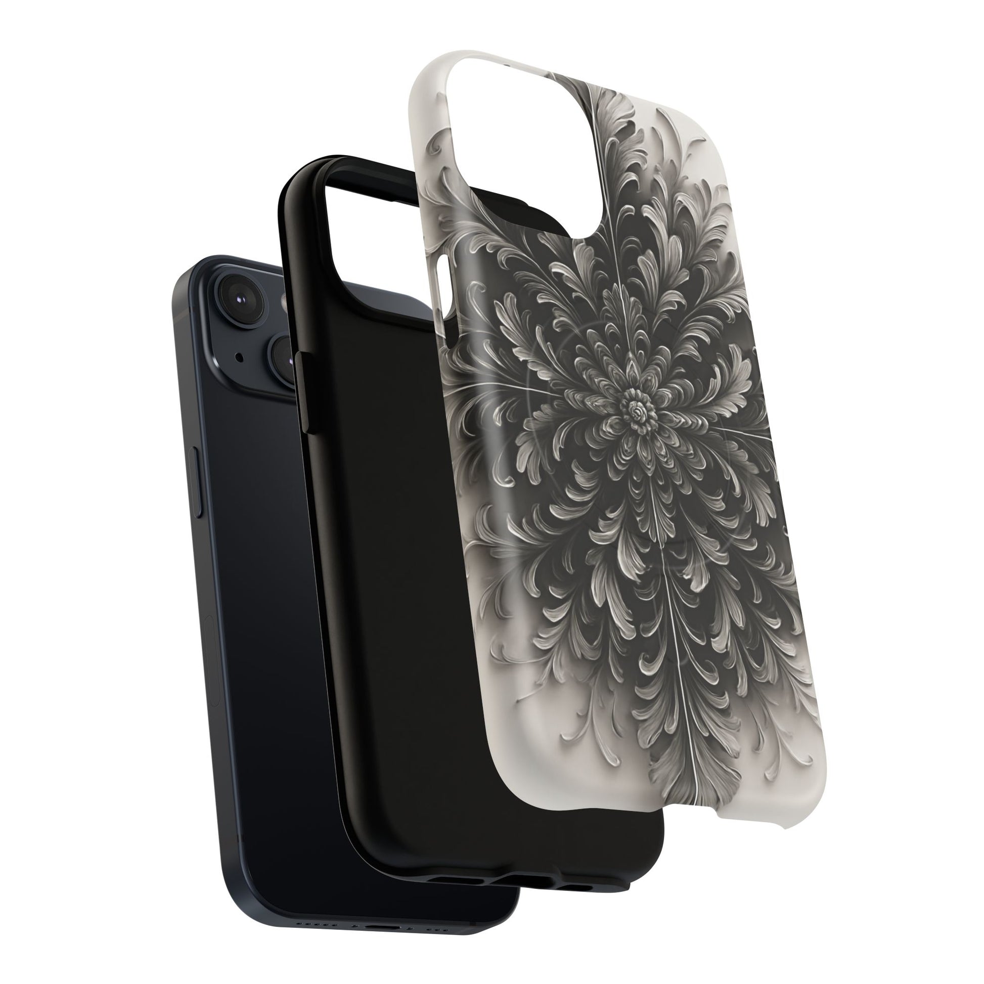 Obsidian Bloom - Elegant Black & White iPhone 14 MagSafe Phone Case - Intricate Mandala Flower Design
