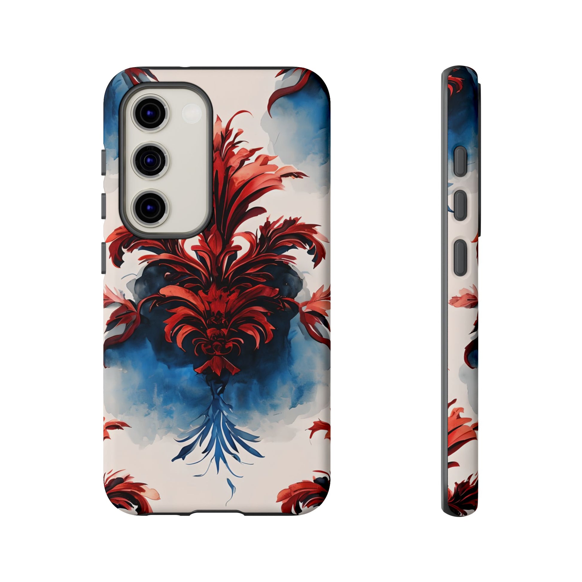 Crimson Plume - Bold Artistic Feather Samsung Galaxy S23 Tough Phone Case - Dramatic Red & Blue Design