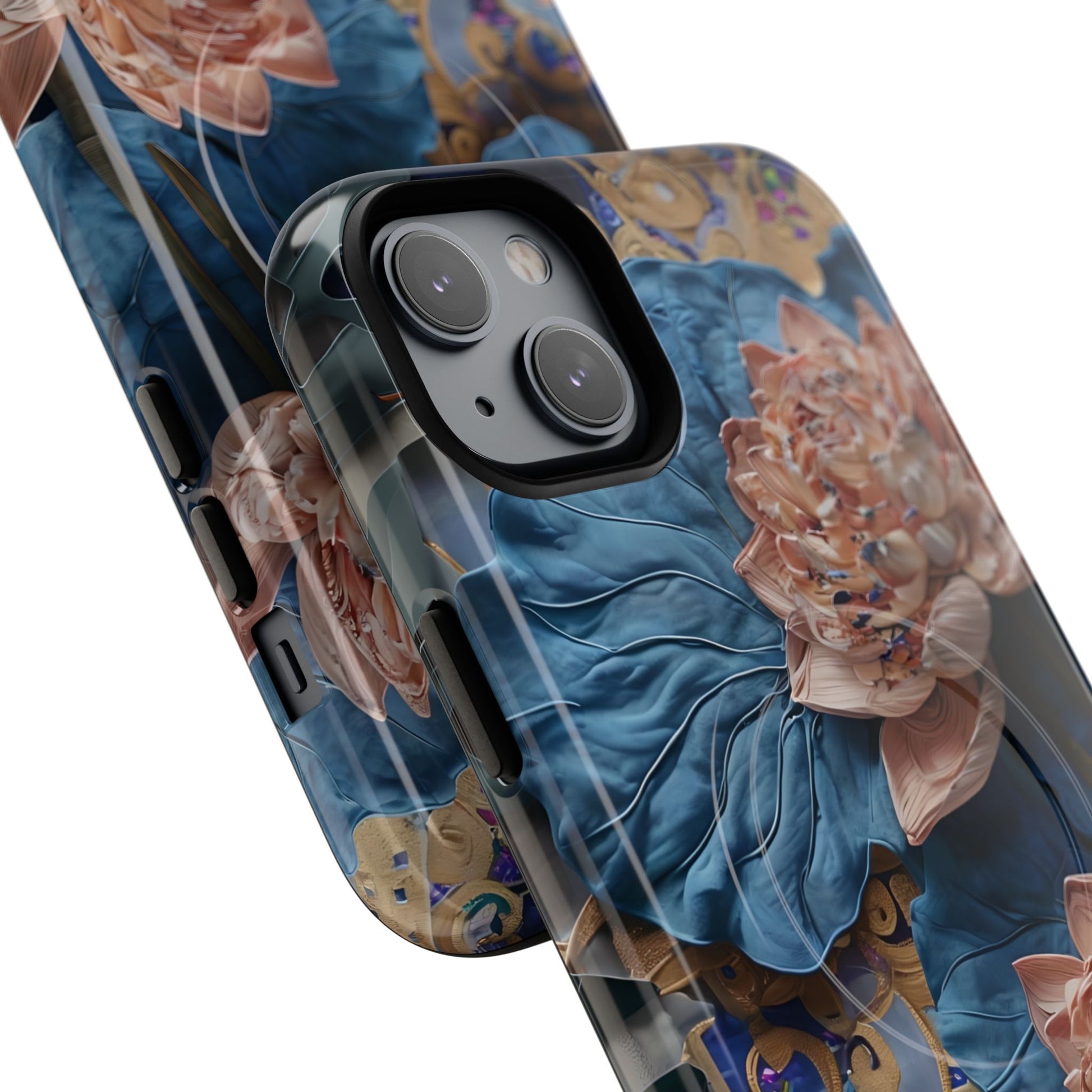 Peony Midnight Tapestry - iPhone 14 Plus - MagSafe Compatible - Elegant Blue & Blush Artful Phone Cover