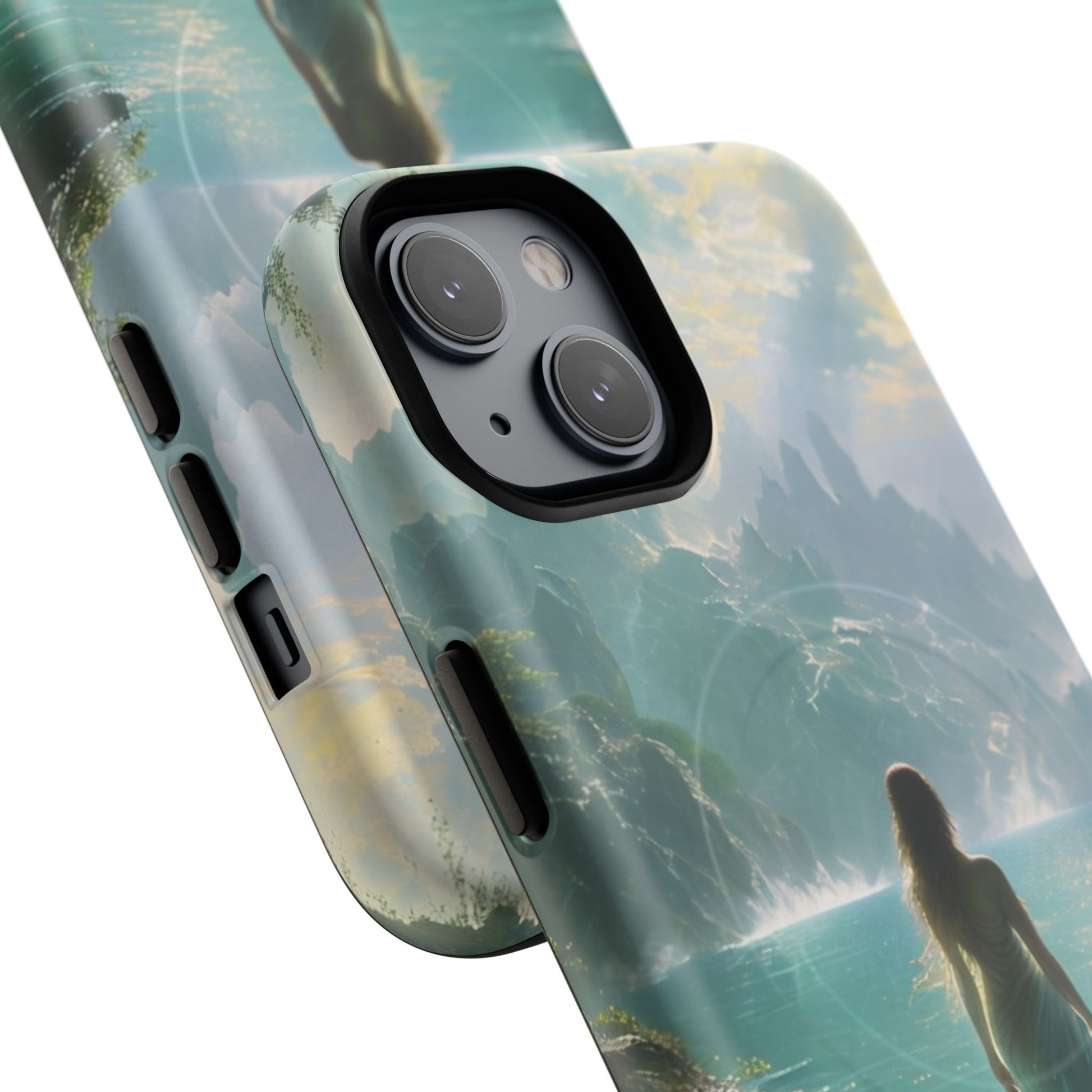 Celestial Tides - Dreamscape Art iPhone 14 MagSafe Phone Case -Ethereal Woman & Fantasy Landscape Design