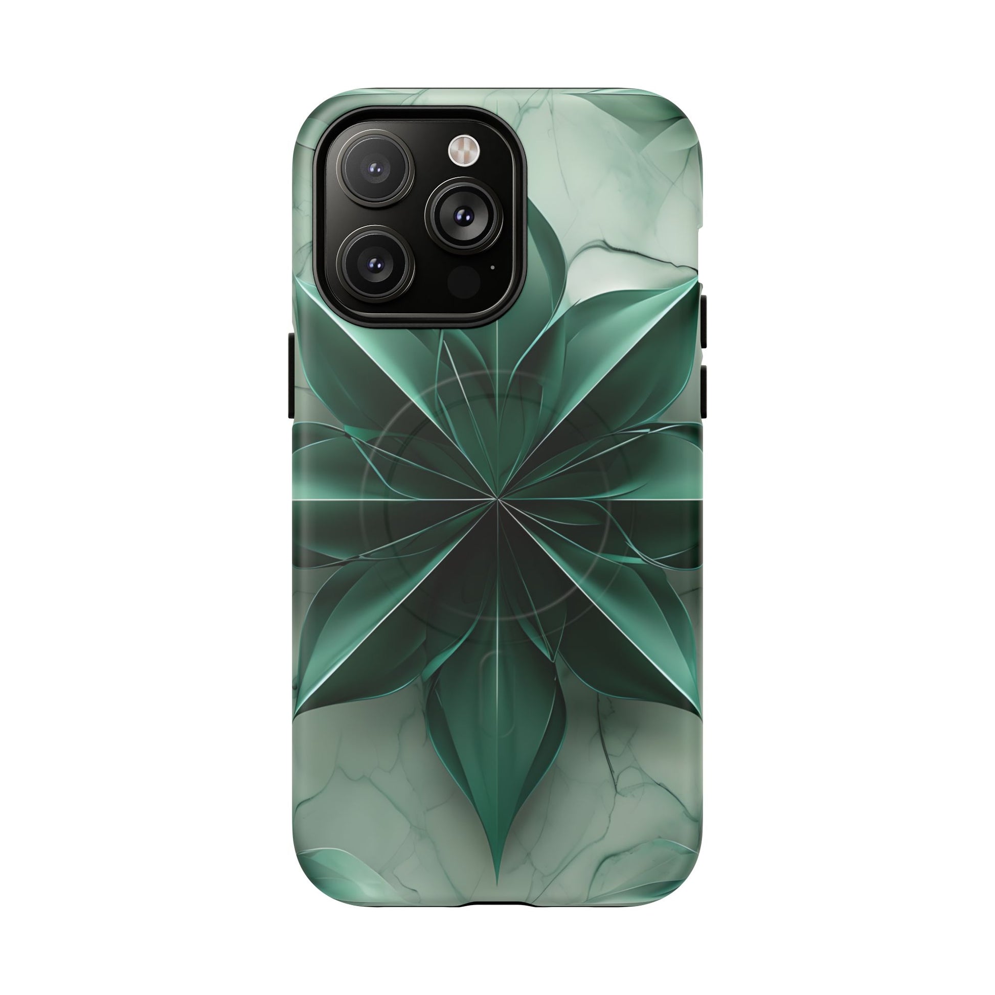 Emerald Bloom iPhone 14 Pro Max MagSafe Phone Case -Modern Symmetrical Floral Design, Green