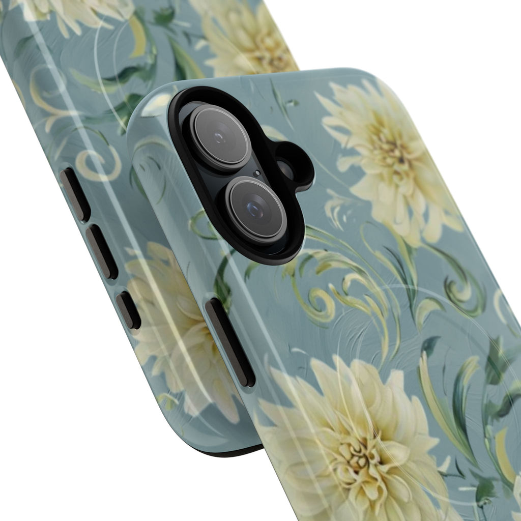 Golden Dahlia Trio - Elegant Floral iPhone 16 Plus MagSafe Phone Case - Artistic White & Blue Dahlia Design
