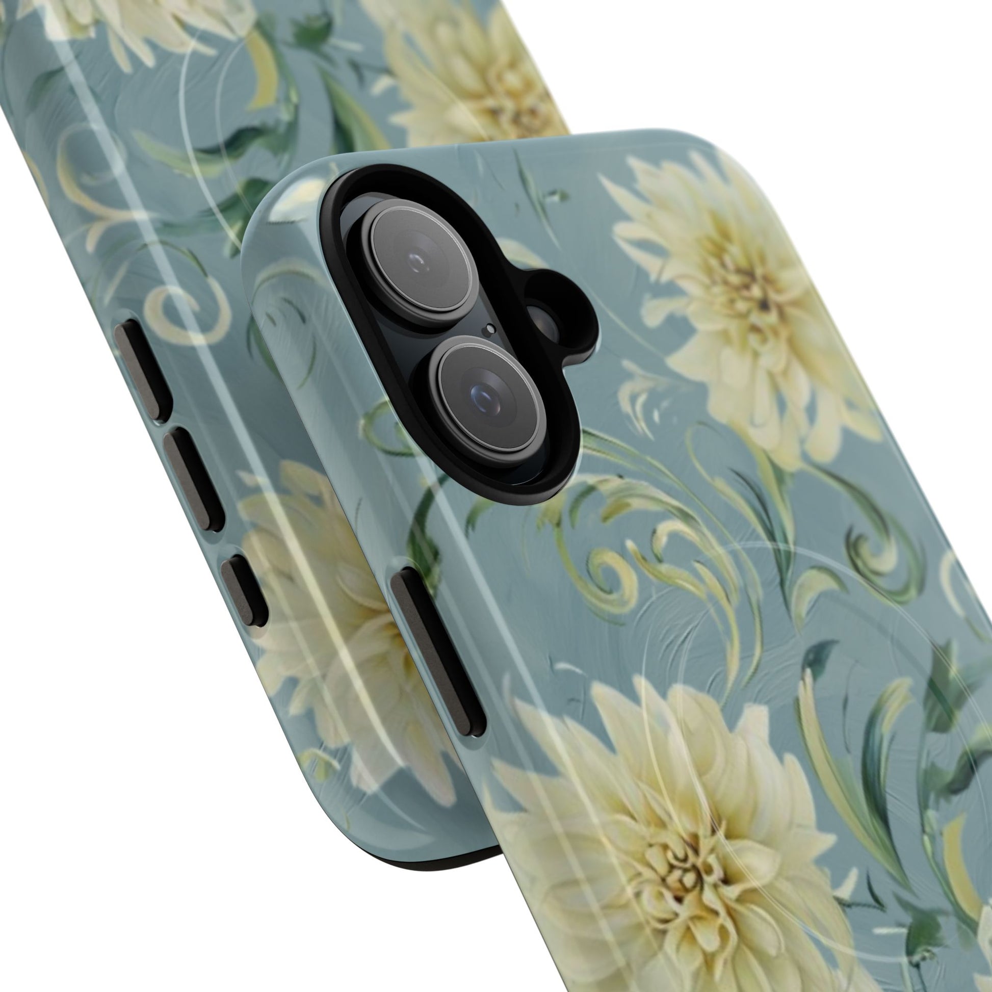 Golden Dahlia Trio - Elegant Floral iPhone 16 Plus MagSafe Phone Case - Artistic White & Blue Dahlia Design