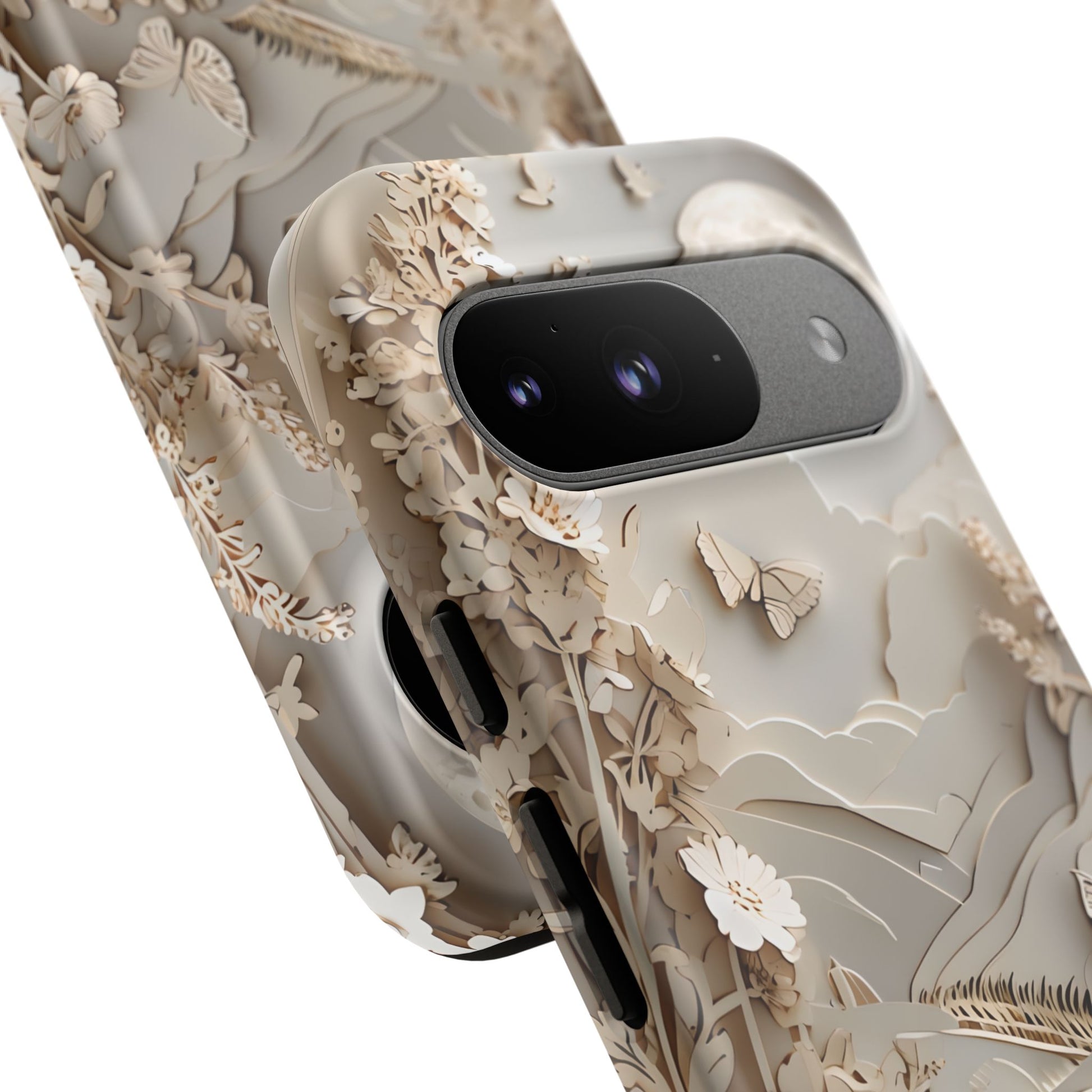 Moonlit Garden - Elegant Neutral Floral Google Pixel 9 Tough Phone Case - Painterly Botanical & Moon Design